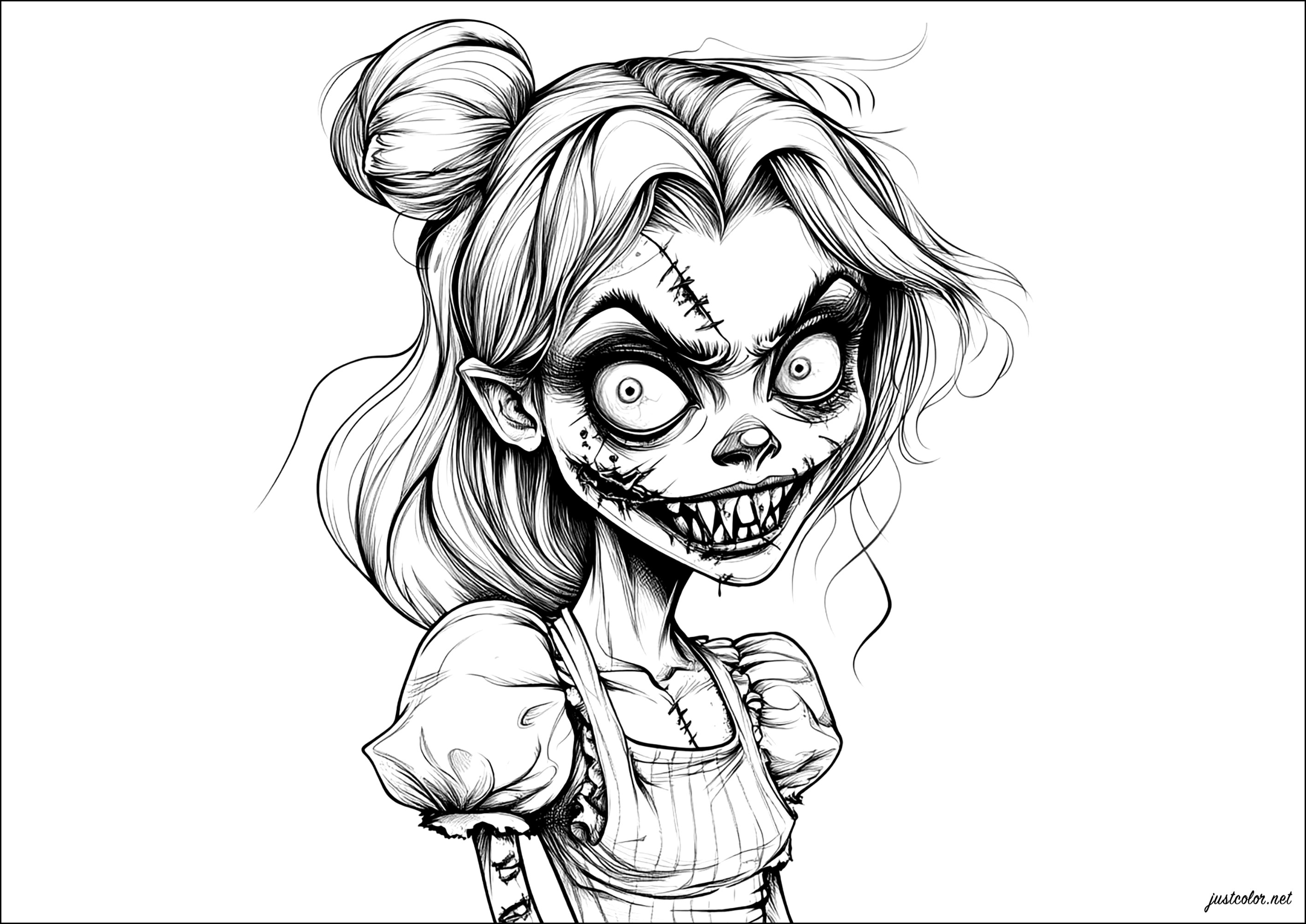 Zombiefrau (Ausmalbild von Halloween zum Ausdrucken und Ausmalen für Kinder)