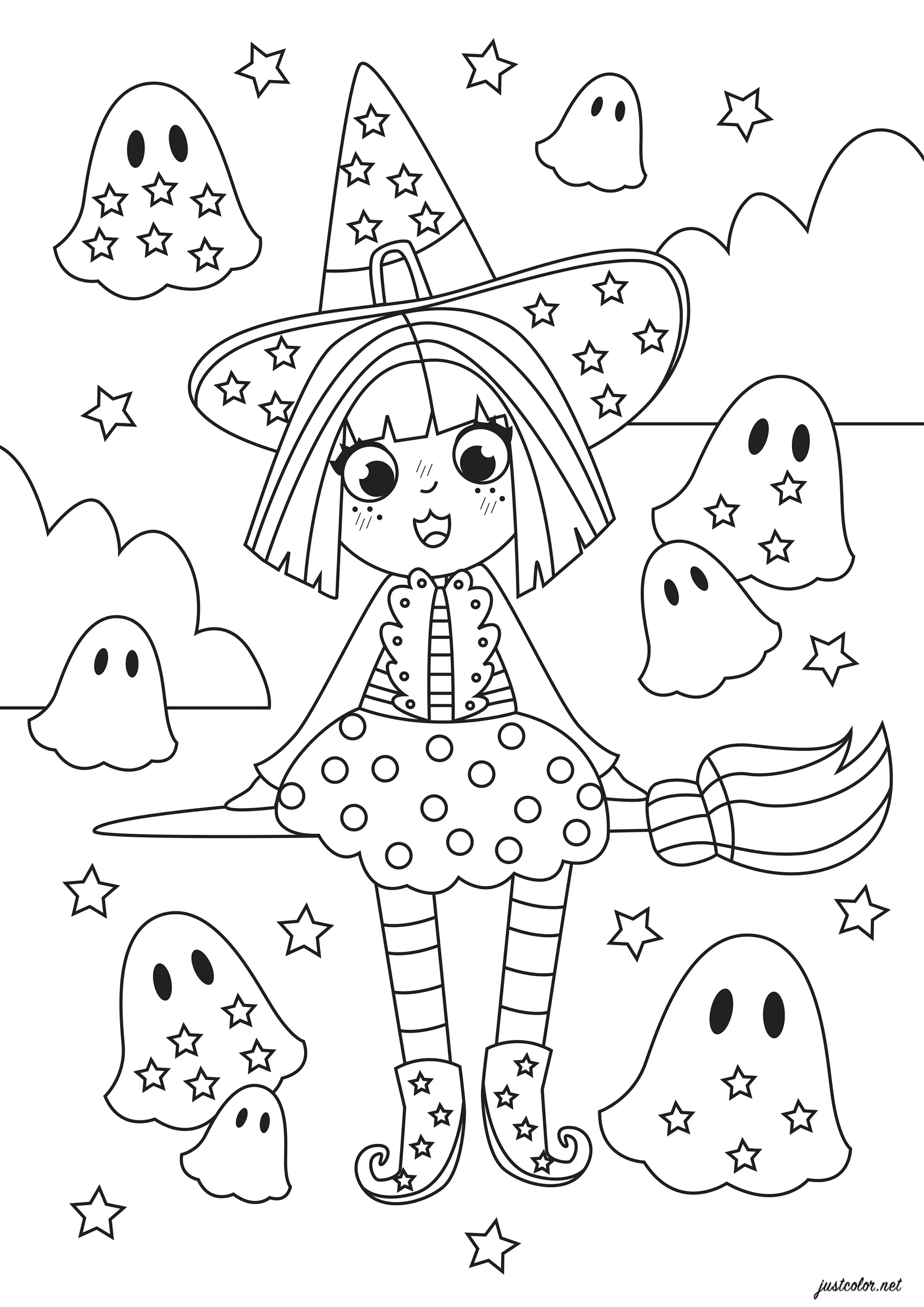 Junge Hexe auf ihrem Besen (Ausmalbild von Halloween zum Ausdrucken und Ausmalen für Kinder)