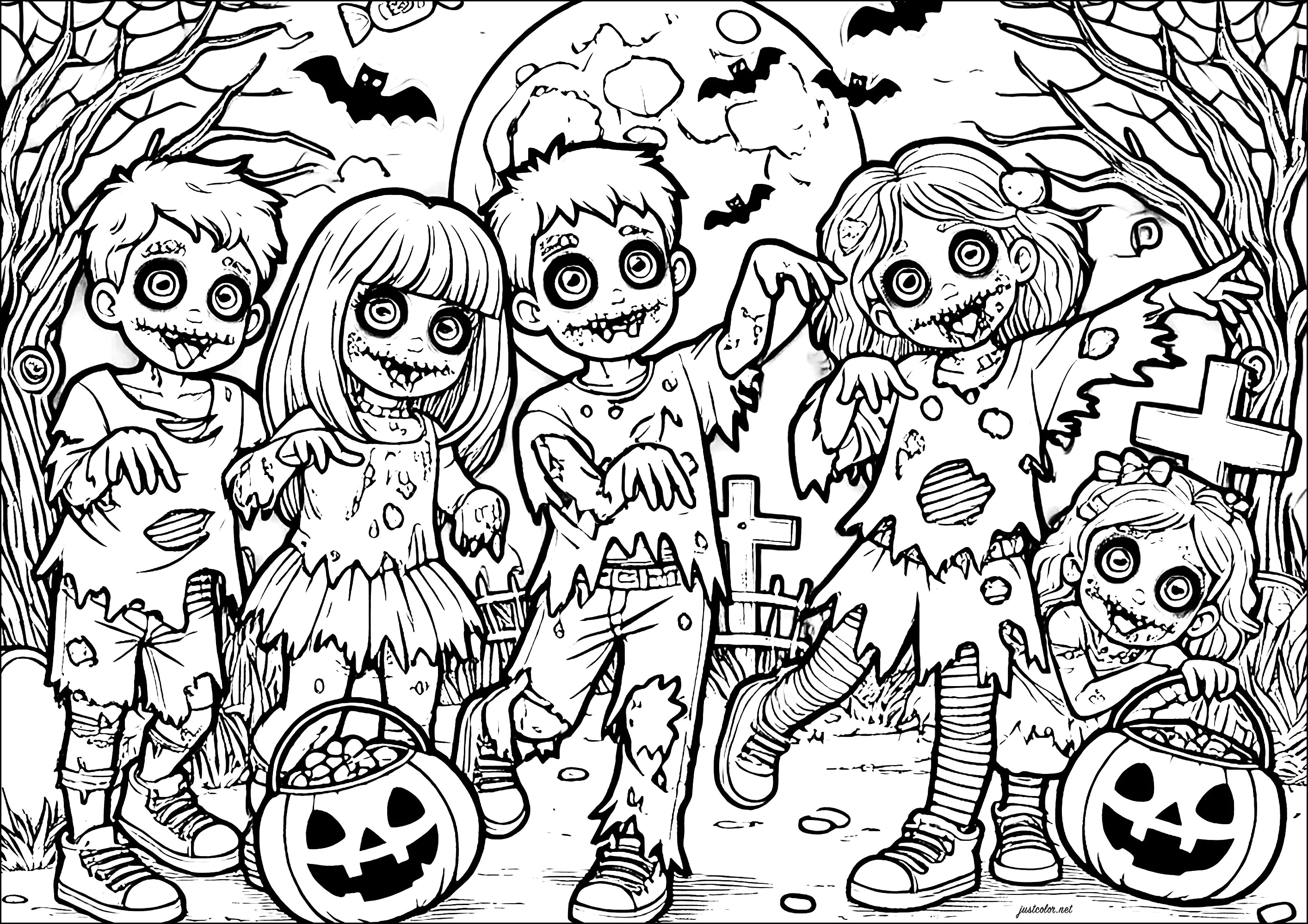 Als Zombies verkleidete Kinder an Halloween (Ausmalbild zum Ausdrucken und Ausmalen für Kinder)