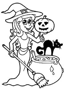 Die Hexe und ihre Katze. (Ausmalbild von Halloween)