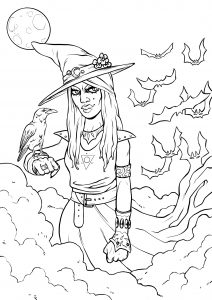 Die Hexe und ihr Rabe. (Ausmalbild von Halloween)