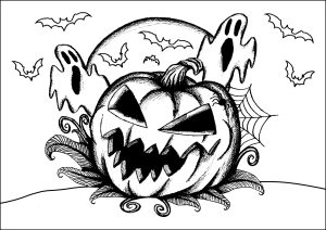 Kürbis, Geister und Fledermäuse (Ausmalbild von Halloween)