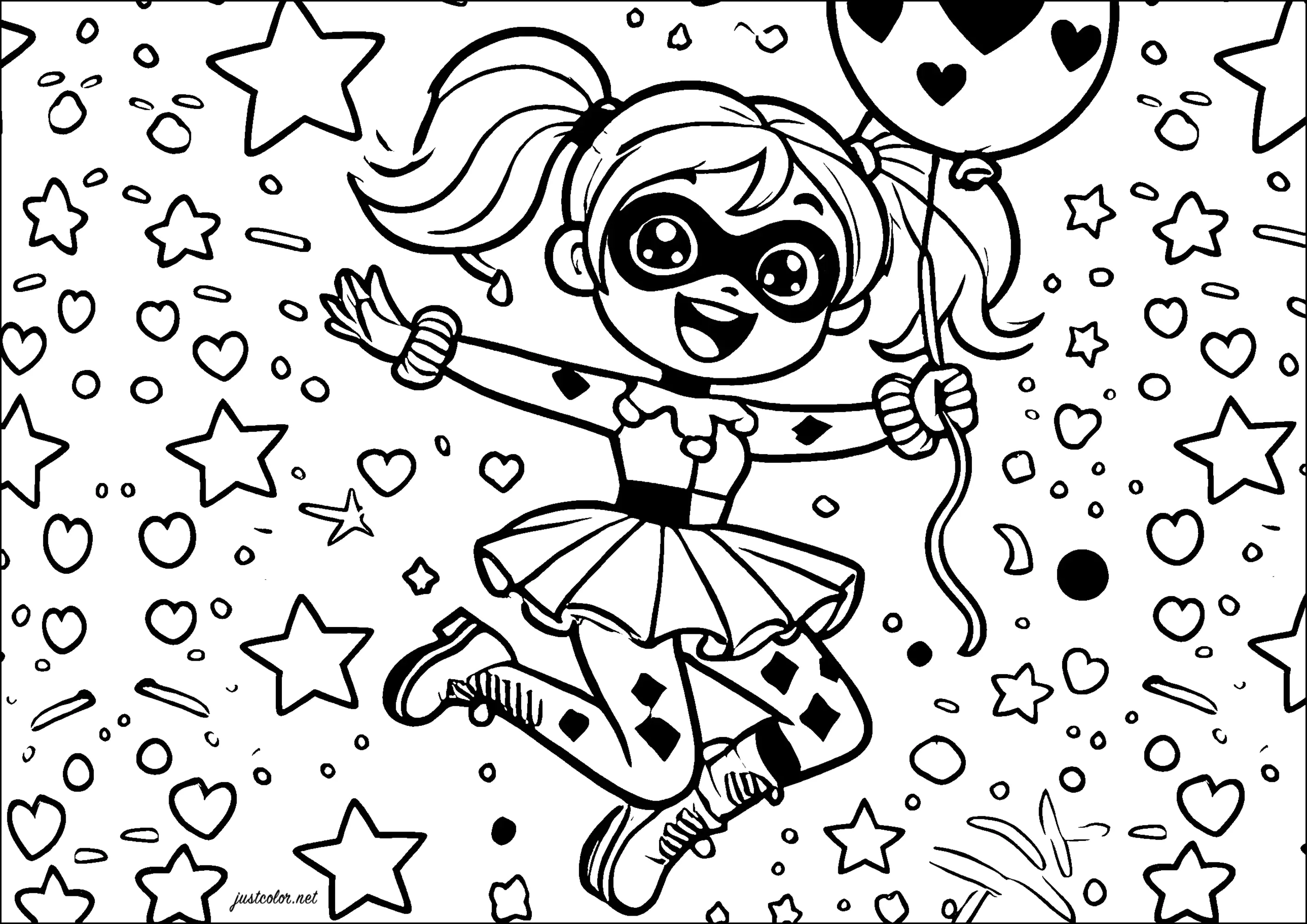 Harley Quinn fröhlich von Sternen umgeben (Ausmalbild zum Ausdrucken und Ausmalen für Kinder)