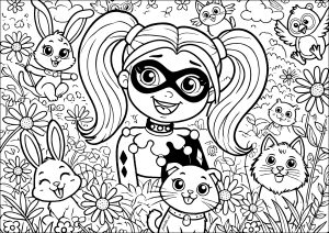 Harley Quinn von netten kleinen Tieren umgeben (Ausmalbild)