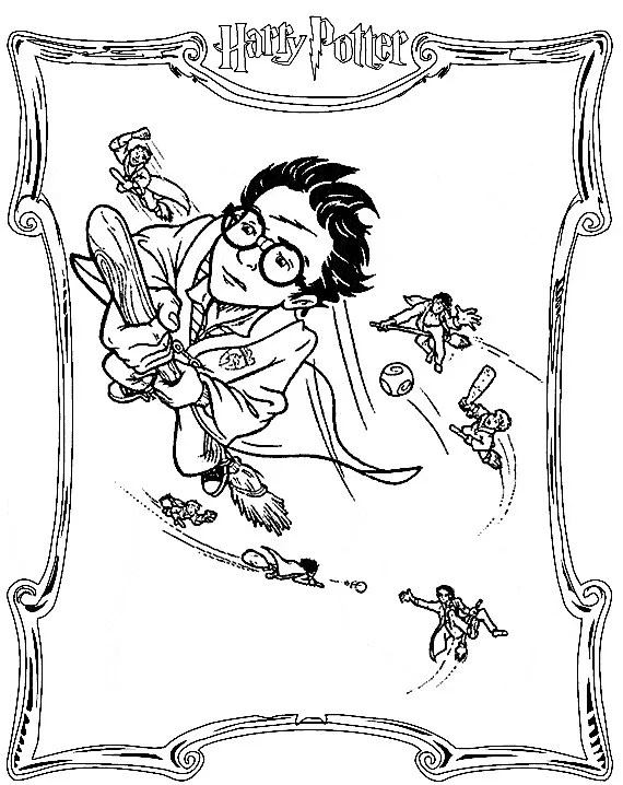 Harry Potter auf einem Besen (Ausmalbild zum Ausdrucken und Ausmalen für Kinder)