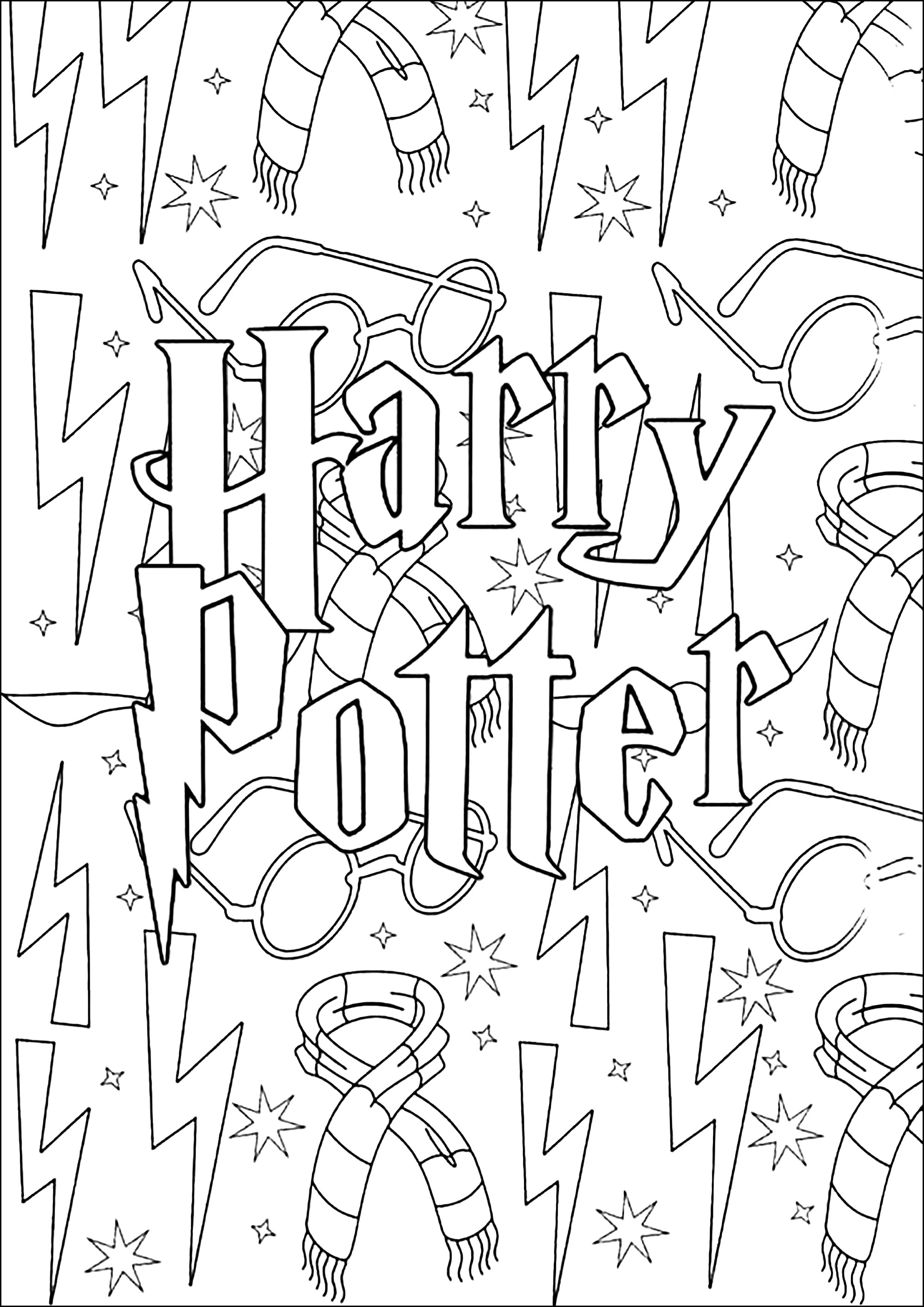 Harry Potter-Logo und Elemente im Hintergrund (Ausmalbild zum Ausdrucken und Ausmalen für Kinder)