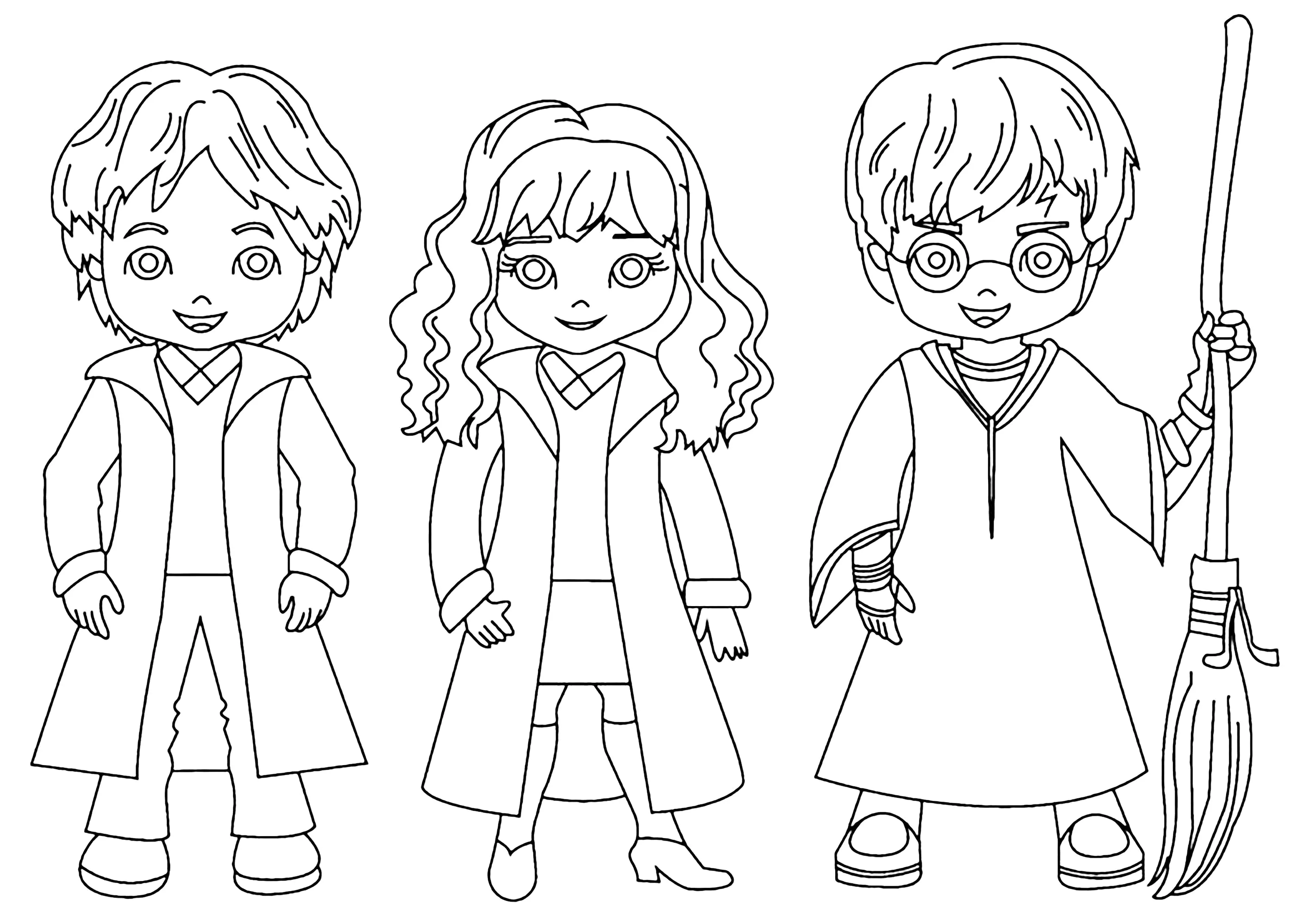 Harry, Ron und Hermine: Kawaii-Stil (Ausmalbild von Harry Potter zum Ausdrucken und Ausmalen für Kinder)
