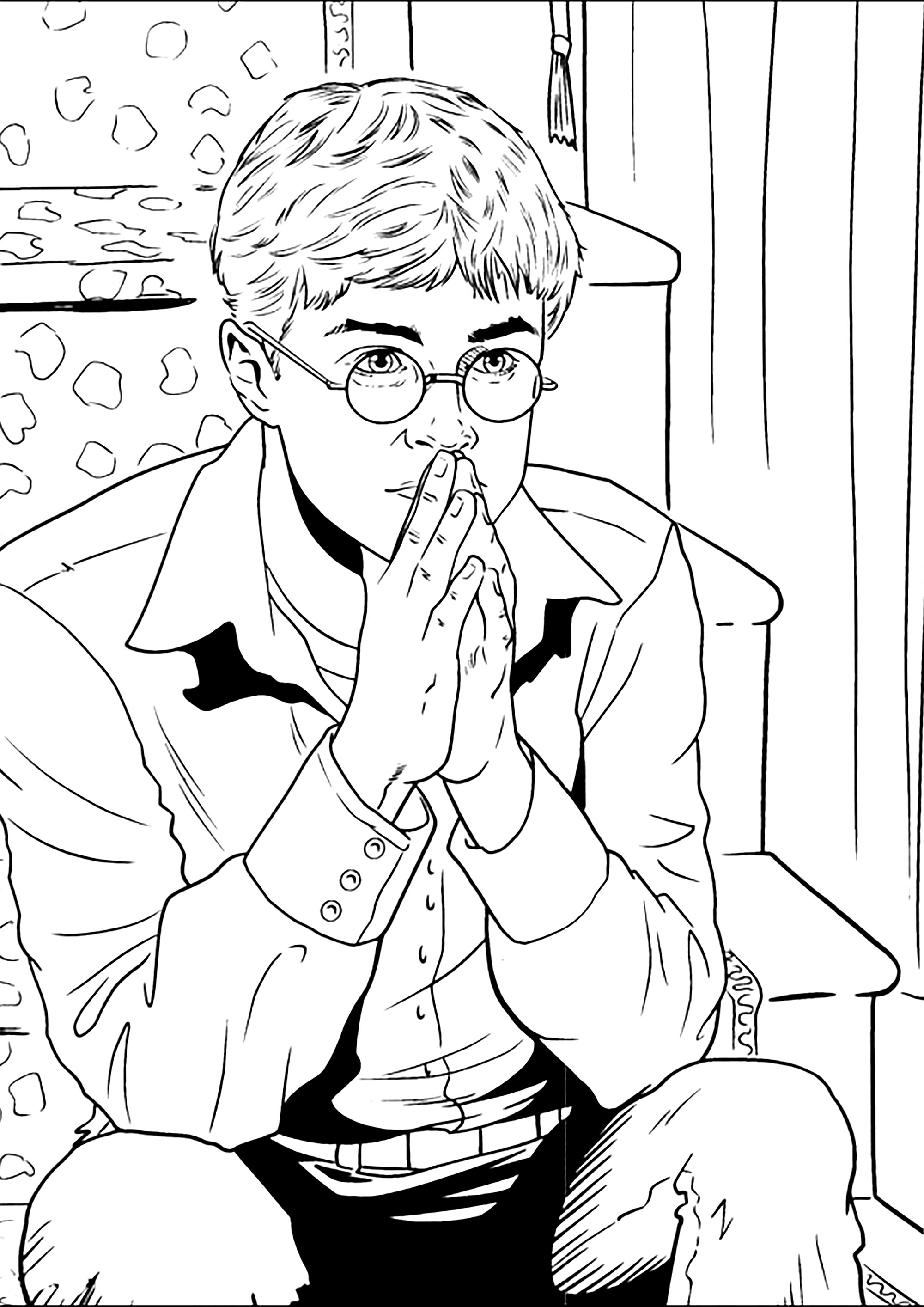Harry Potter nachdenklich (Ausmalbild zum Ausdrucken und Ausmalen für Kinder)