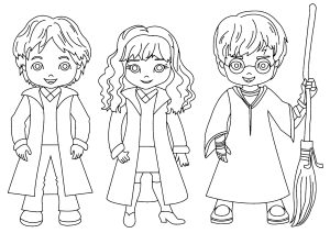 Harry, Ron und Hermine: Kawaii-Stil (Ausmalbild von Harry Potter)