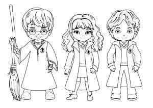 Harry, Ron und Hermine, gezeichnet im Kawaii-Stil (Ausmalbild von Harry Potter)