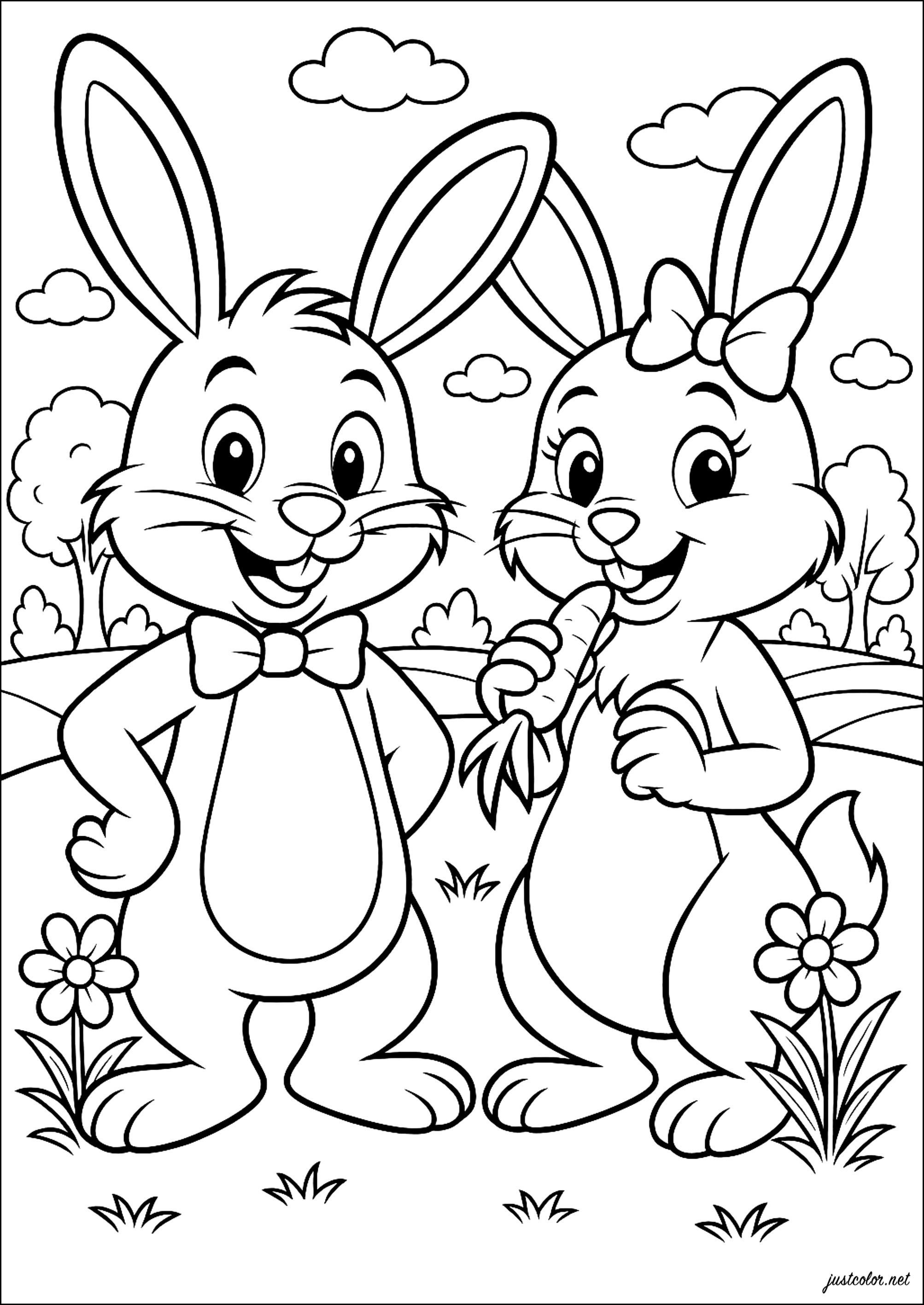 Fröhliche Hasen im Garten (Ausmalbild von Hase zum Ausdrucken und Ausmalen für Kinder)