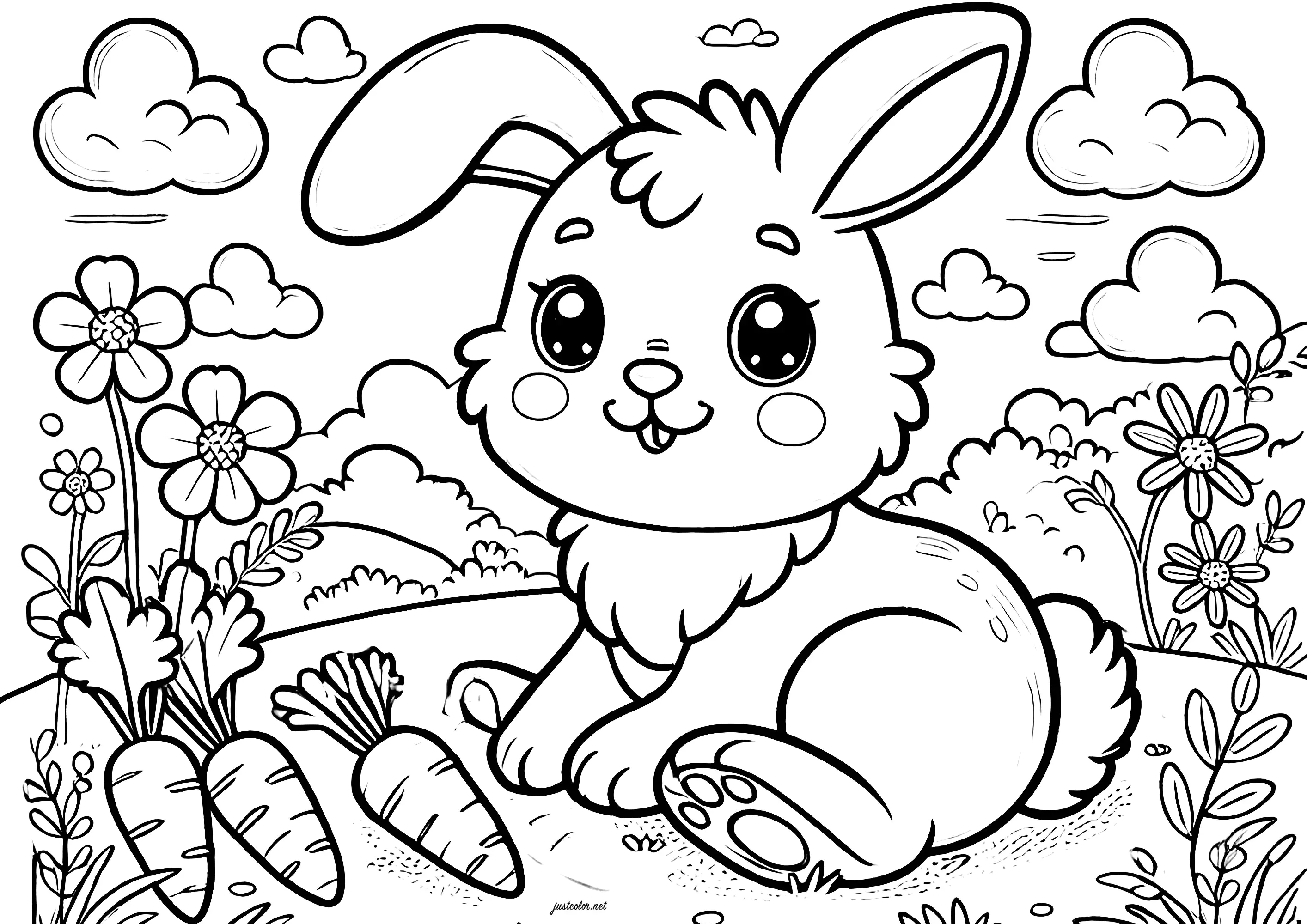 Junger Hase mit drei Karotten (Ausmalbild zum Ausdrucken und Ausmalen für Kinder)