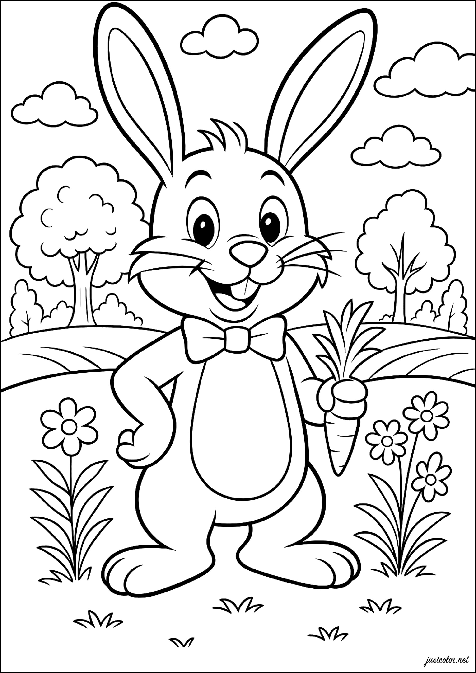 Herr Hase und seine Karotte (Ausmalbild zum Ausdrucken und Ausmalen für Kinder)