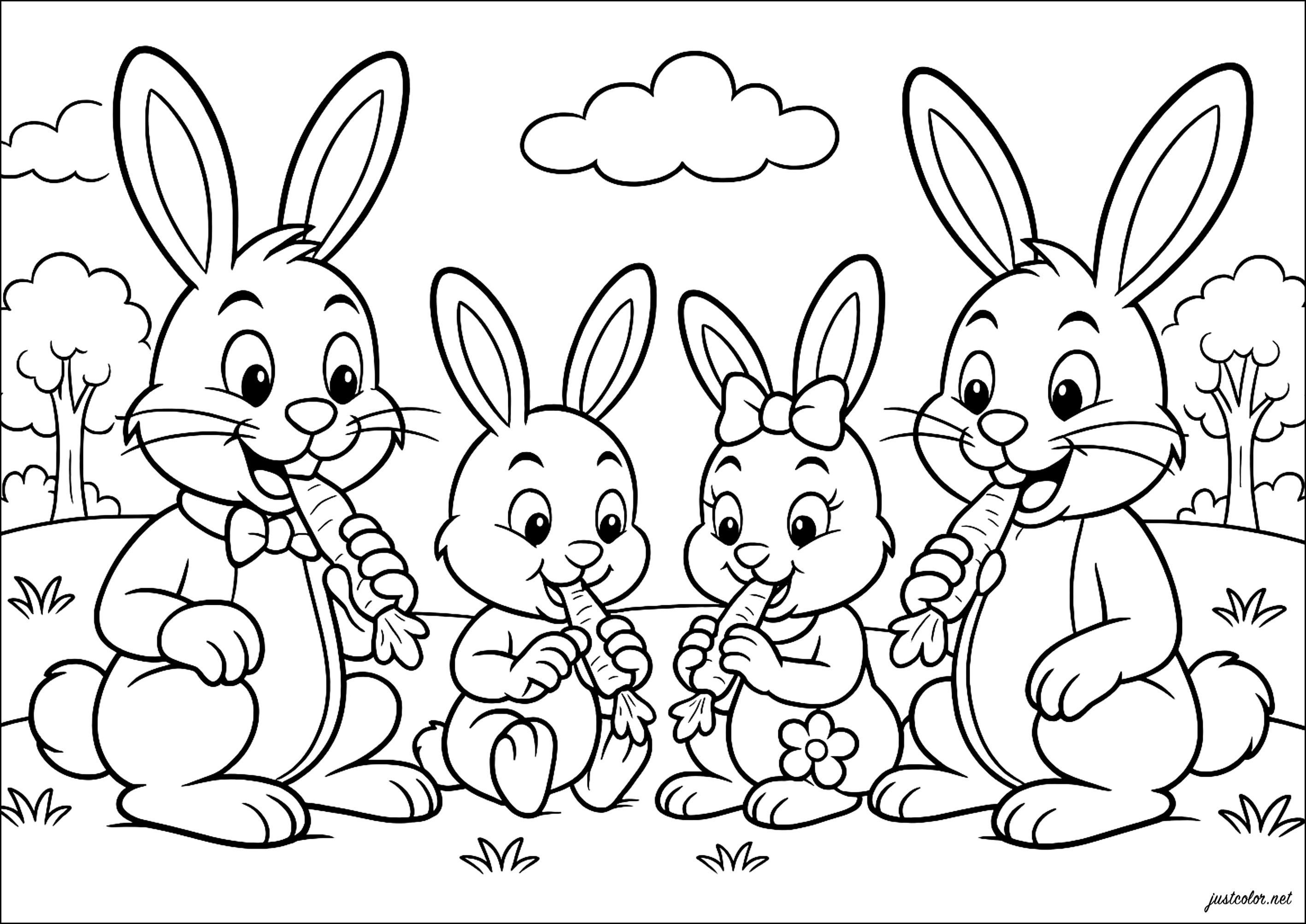 Familie Hases isst Karotten (Ausmalbild zum Ausdrucken und Ausmalen für Kinder)