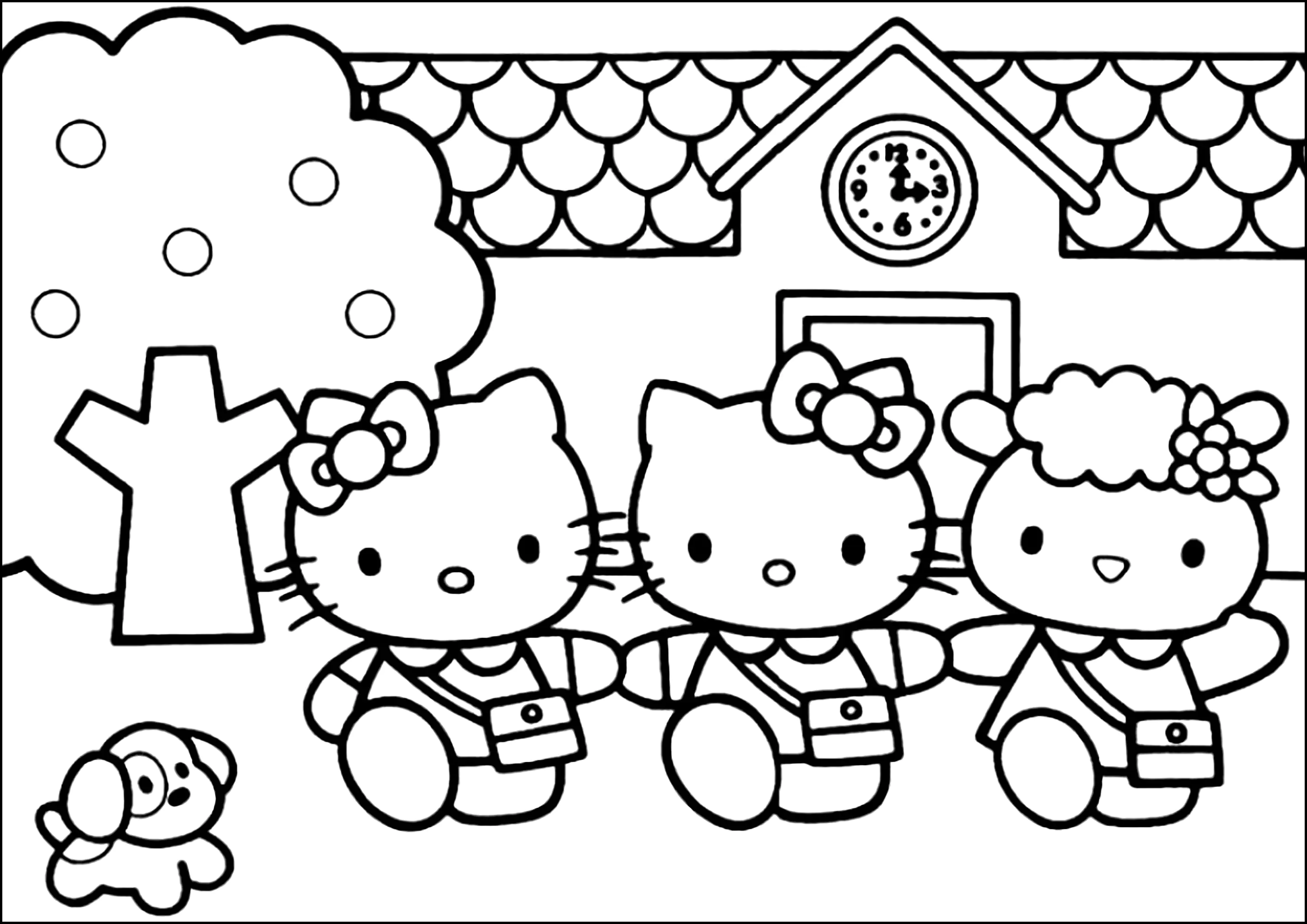 Hello Kitty geht mit ihren Freunden zur Schule. (Ausmalbild zum Ausdrucken und Ausmalen für Kinder)