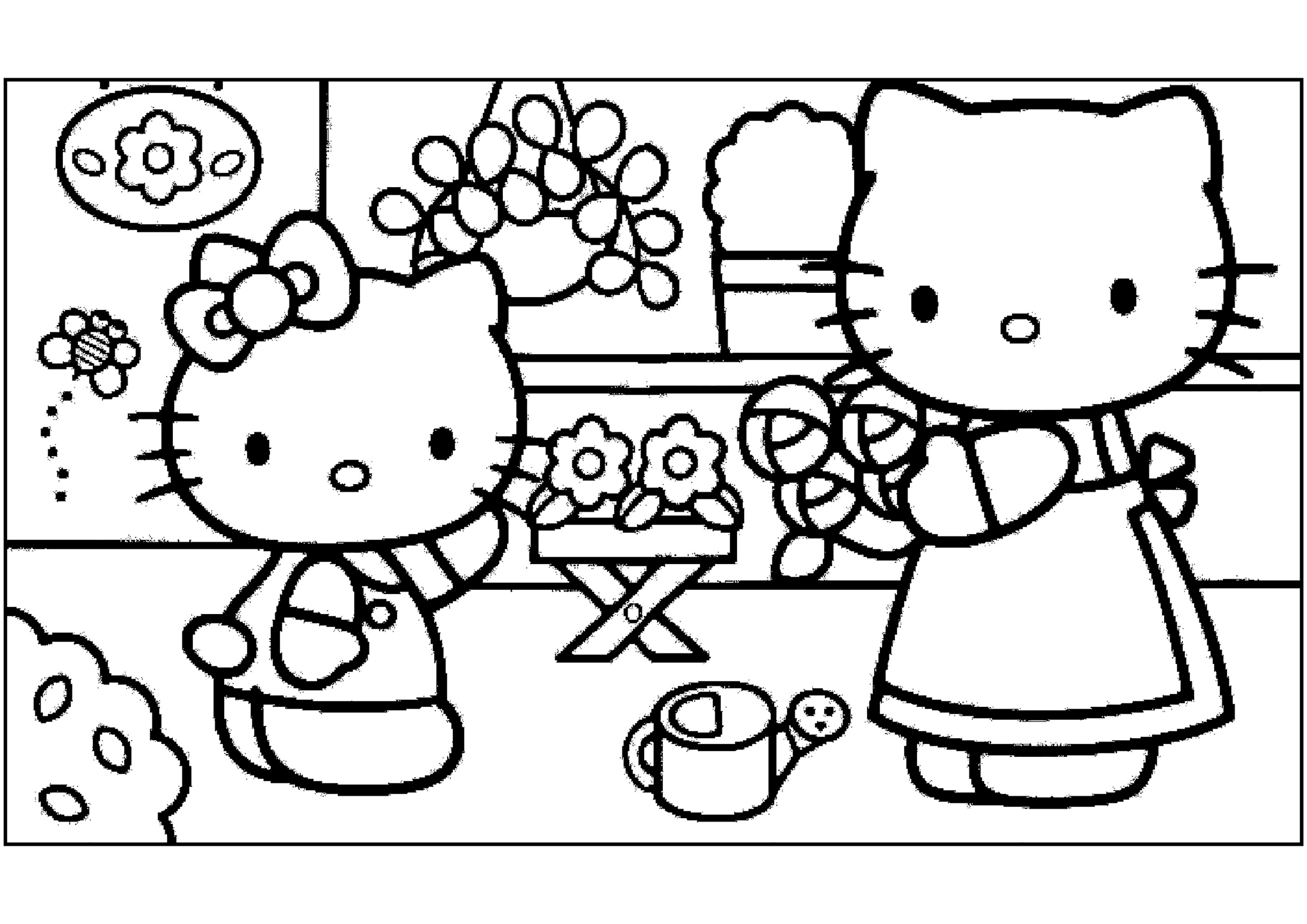 Hello Kitty und ihre Mama machen einen Blumenstrauß. - Ausmalbilder von