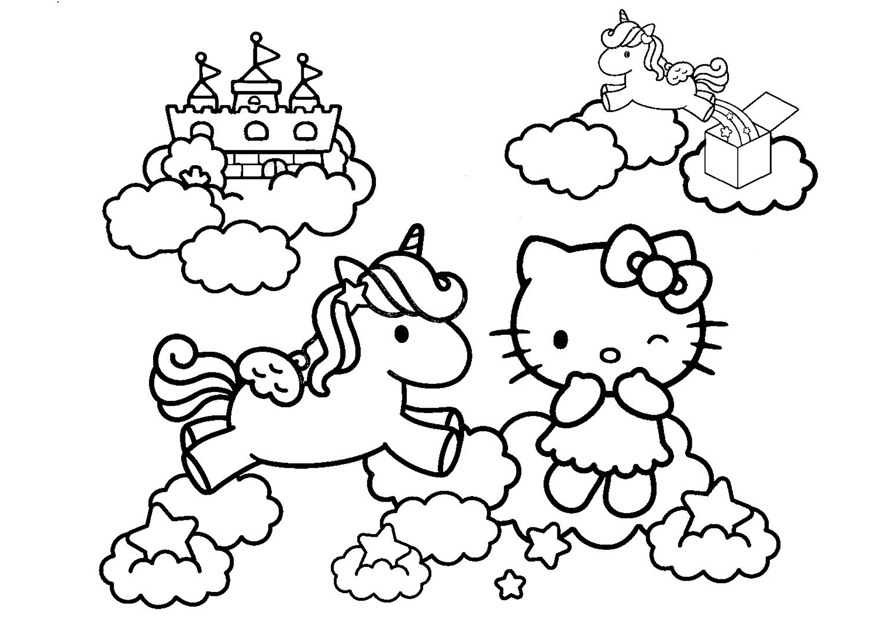 Hallo Kitty und ein hübsches Einhorn am Himmel. - Ausmalbilder von