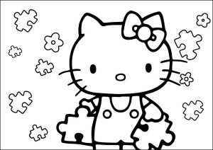 Hello Kitty macht ein Puzzle. (Ausmalbild)