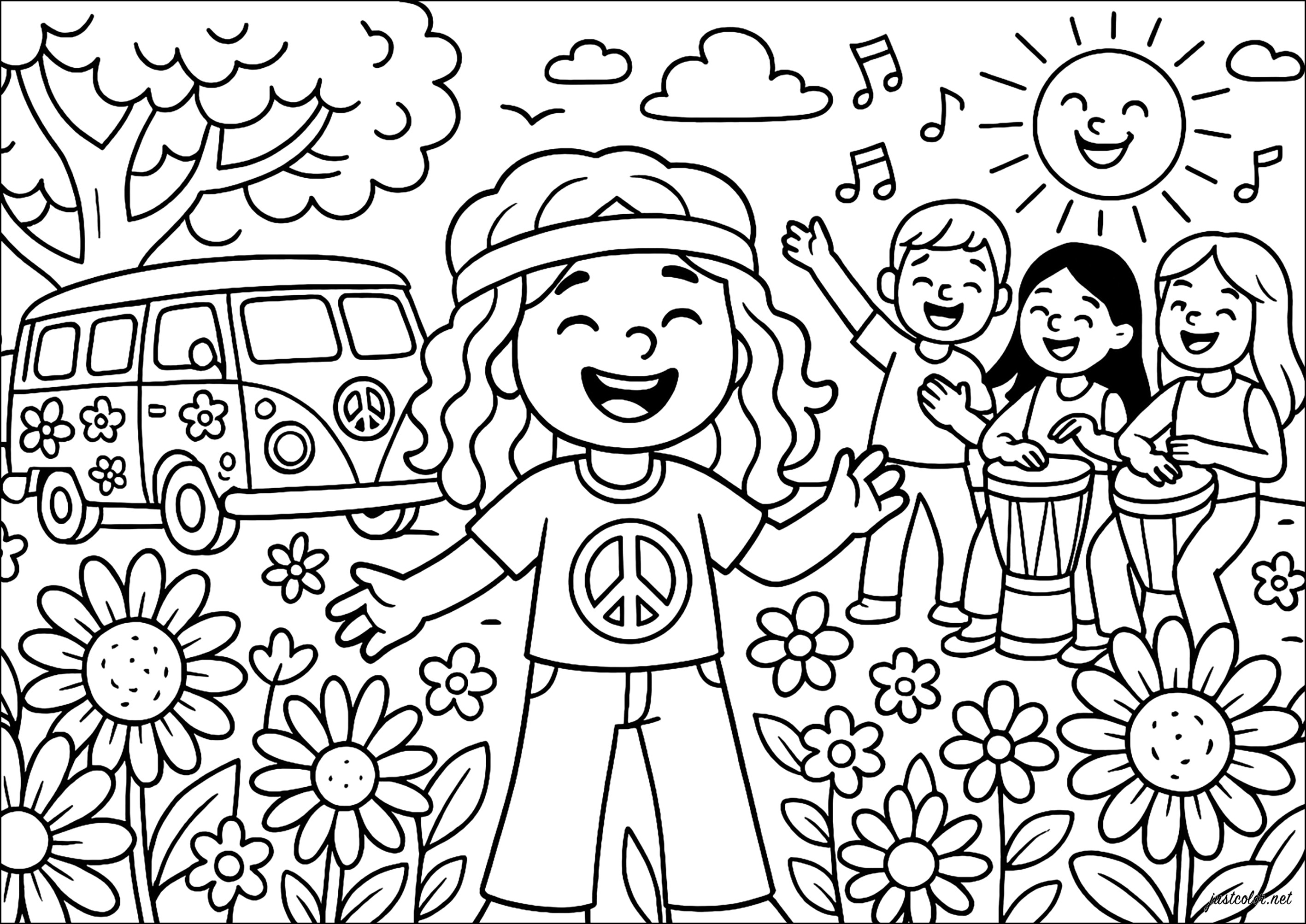Der Van und die Freunde (Ausmalbild von Hippie zum Ausdrucken und Ausmalen für Kinder)