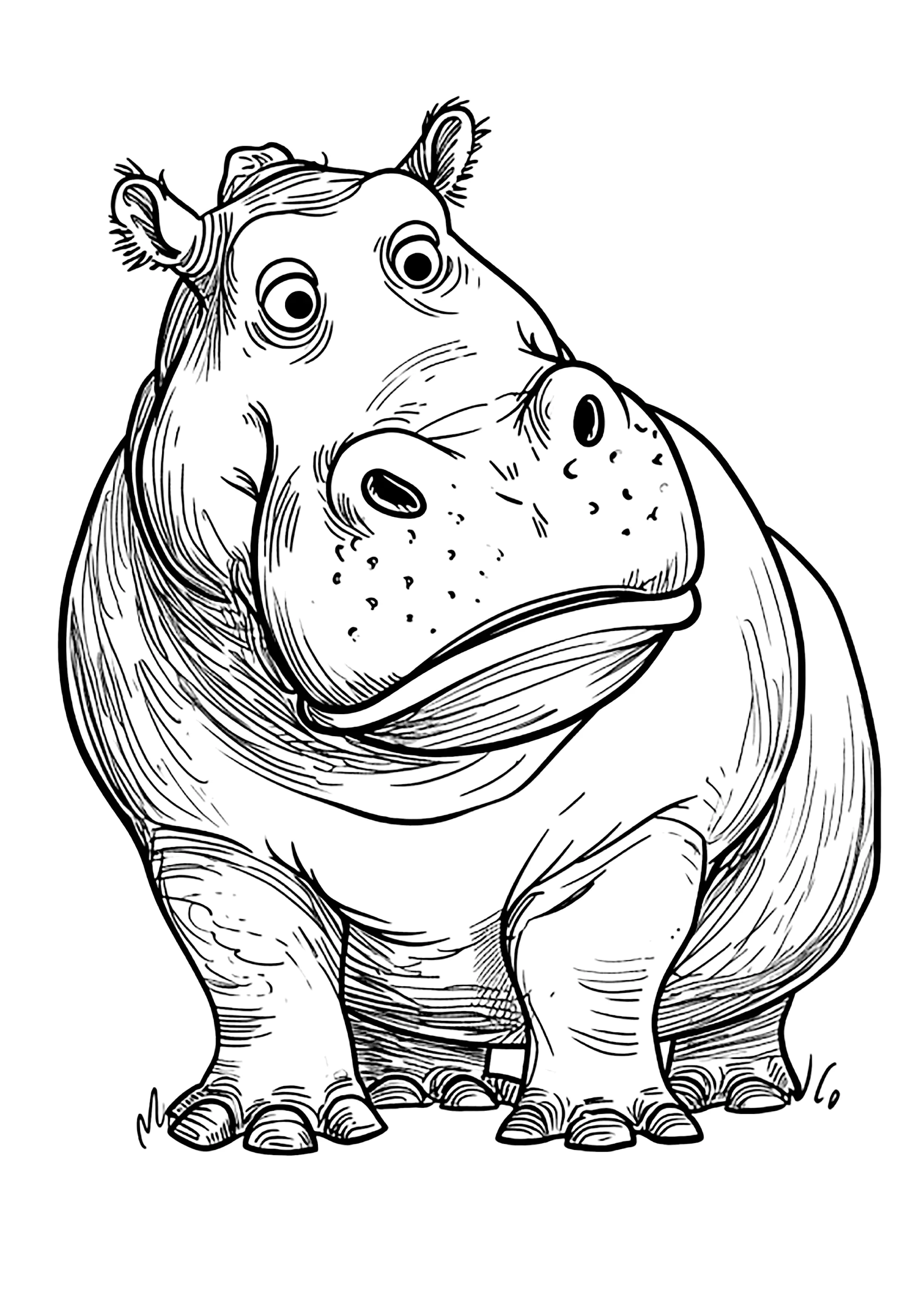 Lustiges Nilpferd (Ausmalbild von Hippopotamus zum Ausdrucken und Ausmalen für Kinder)
