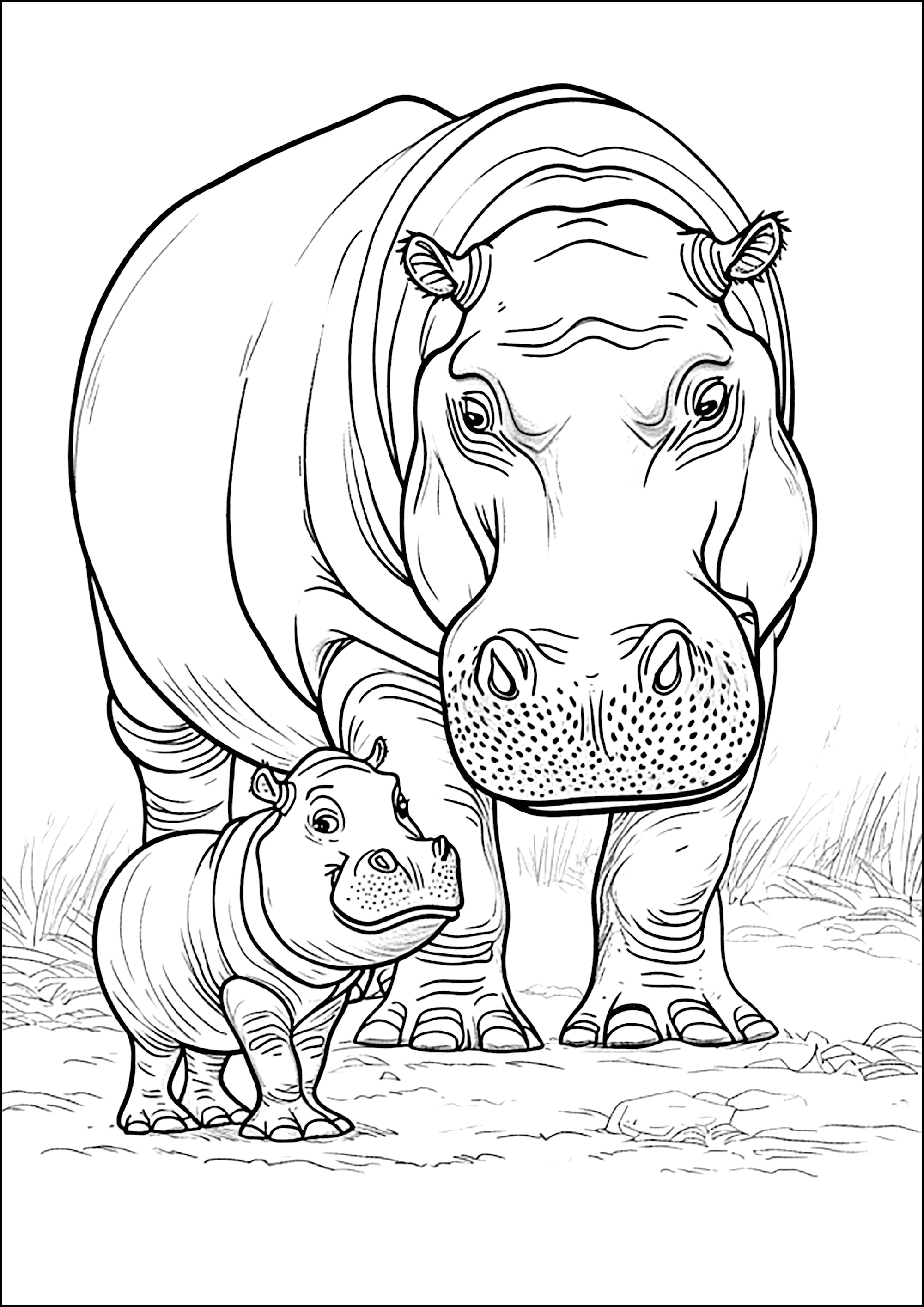 Mama Nilpferd passt auf ihr kleines auf. (Ausmalbild von Hippopotamus zum Ausdrucken und Ausmalen für Kinder)