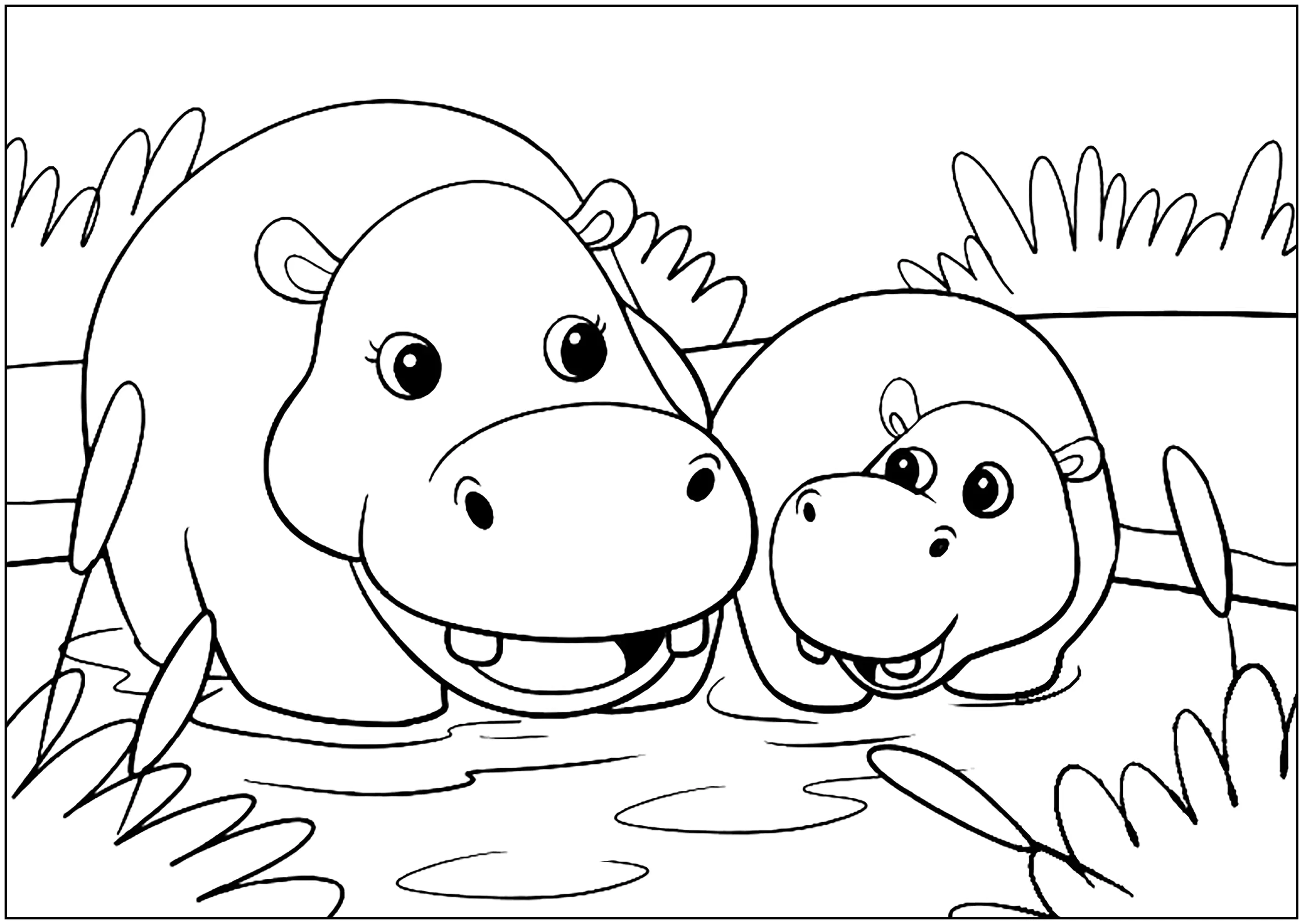 Mama und Baby Nilpferd (Ausmalbild von Hippopotamus zum Ausdrucken und Ausmalen für Kinder)