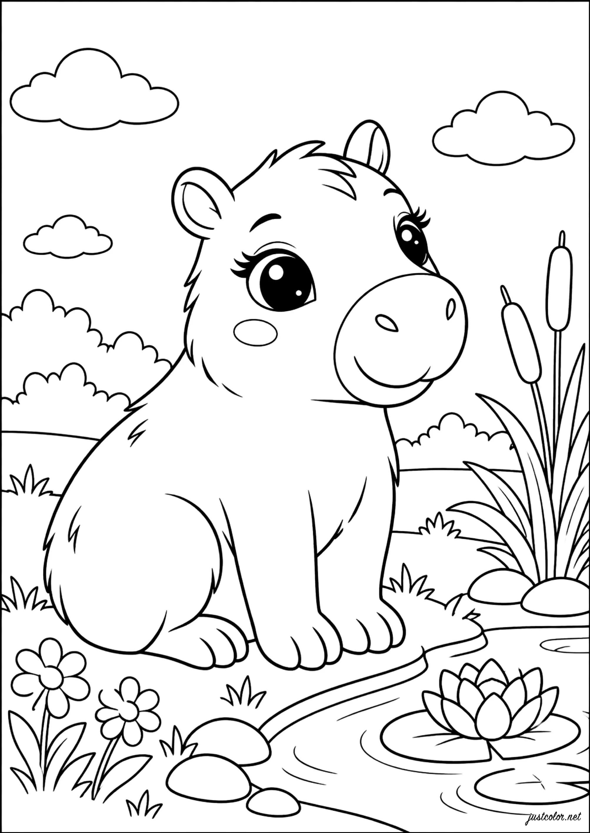 Kleines Flusspferd am Wasser (Ausmalbild von Hippopotamus zum Ausdrucken und Ausmalen für Kinder)