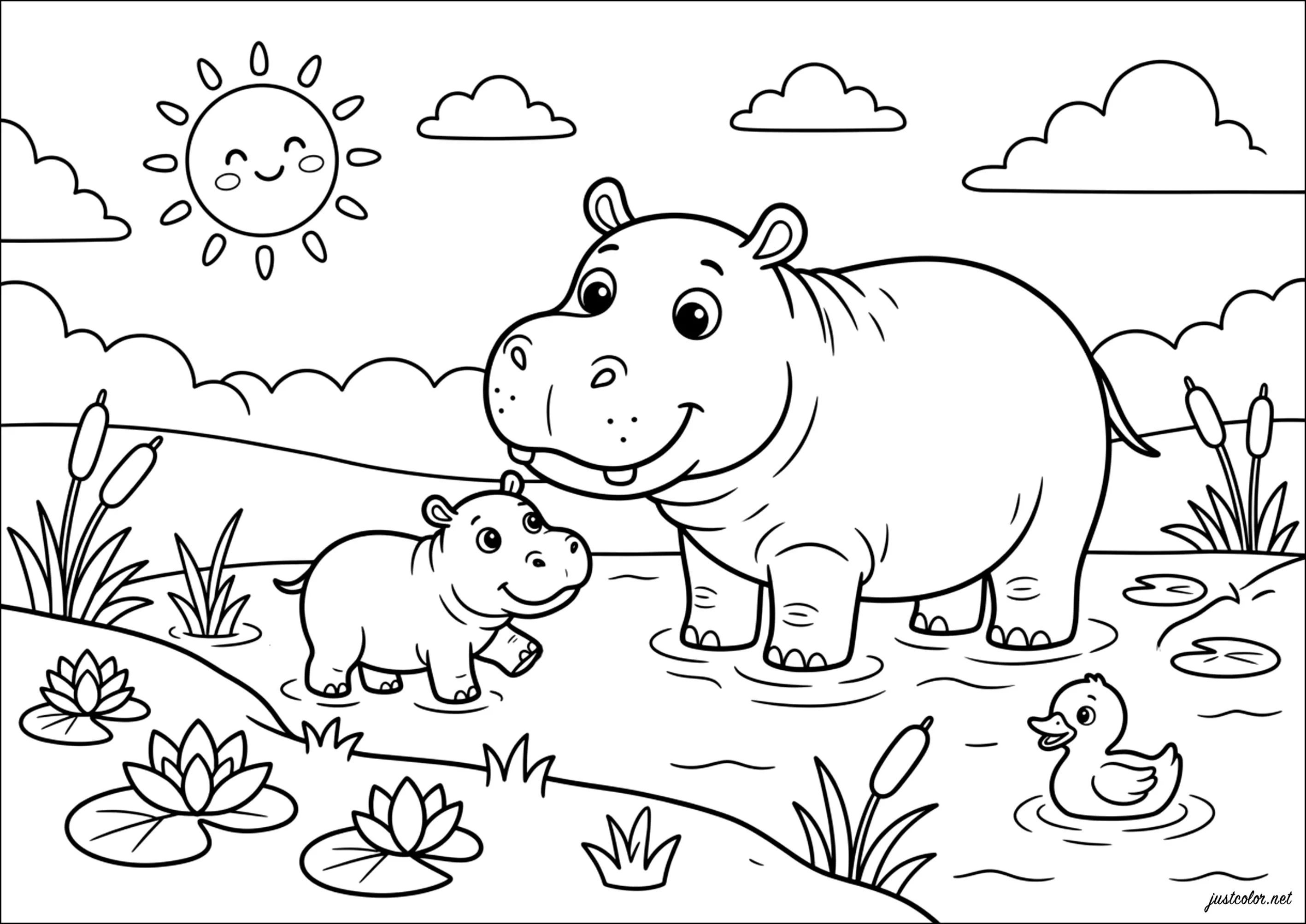 Kostenlose Ausmalbilder von hippopotamus zum Herunterladen (Ausmalbild zum Ausdrucken und Ausmalen für Kinder)