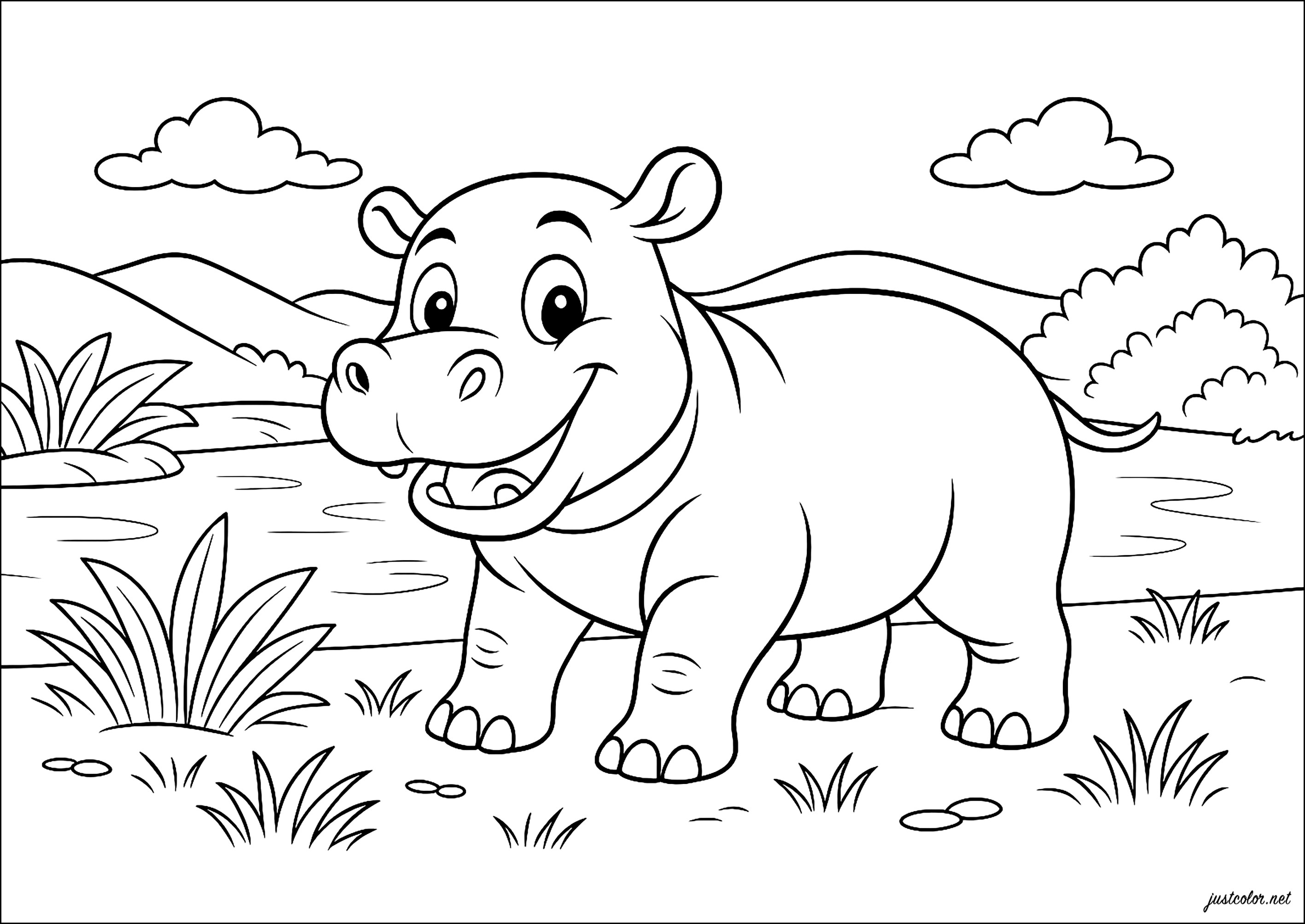 Lächelndes Nilpferd am Wasser (Ausmalbild von Hippopotamus zum Ausdrucken und Ausmalen für Kinder)
