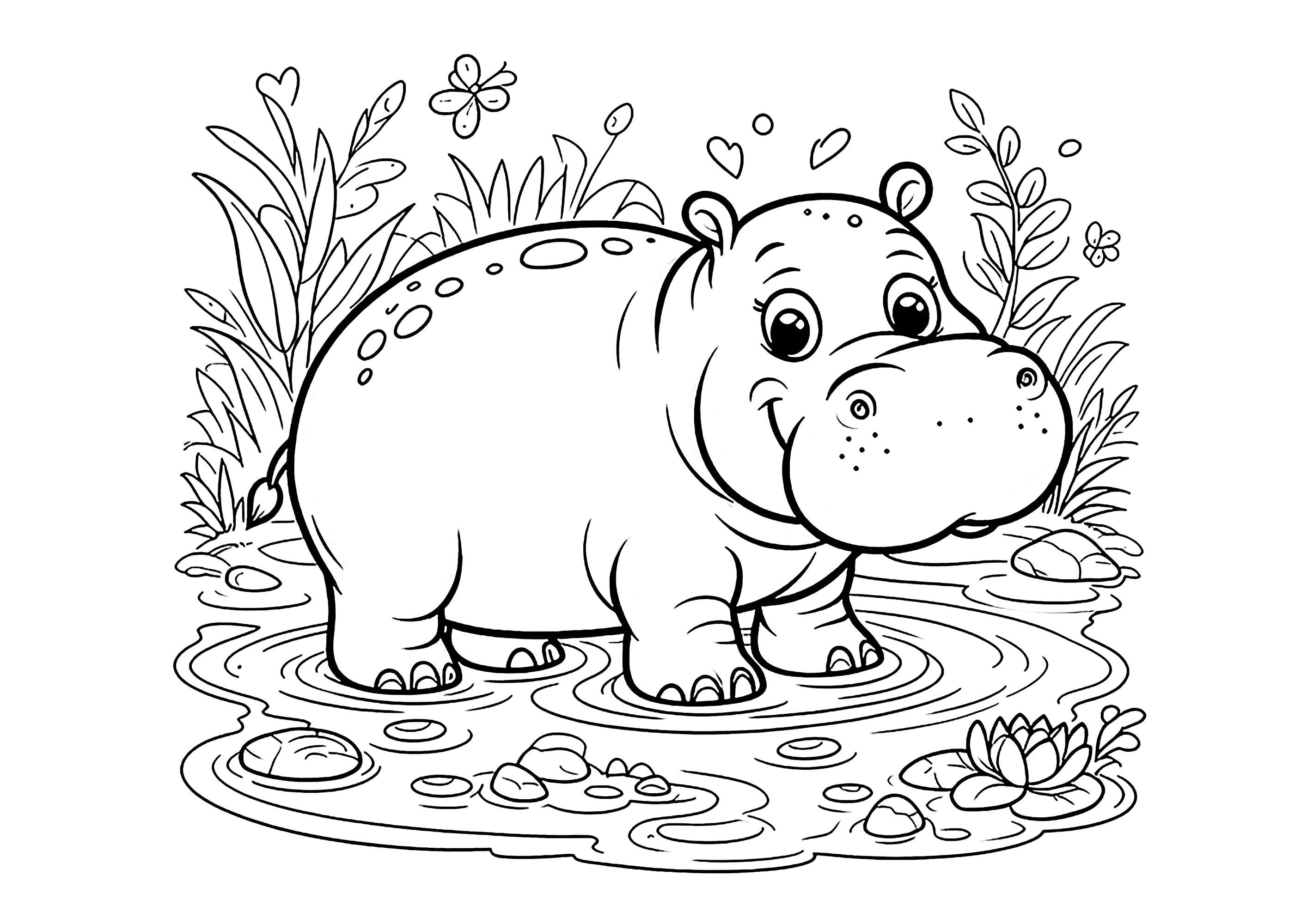 Junges Nilpferd in einem Teich (Ausmalbild von Hippopotamus zum Ausdrucken und Ausmalen für Kinder)