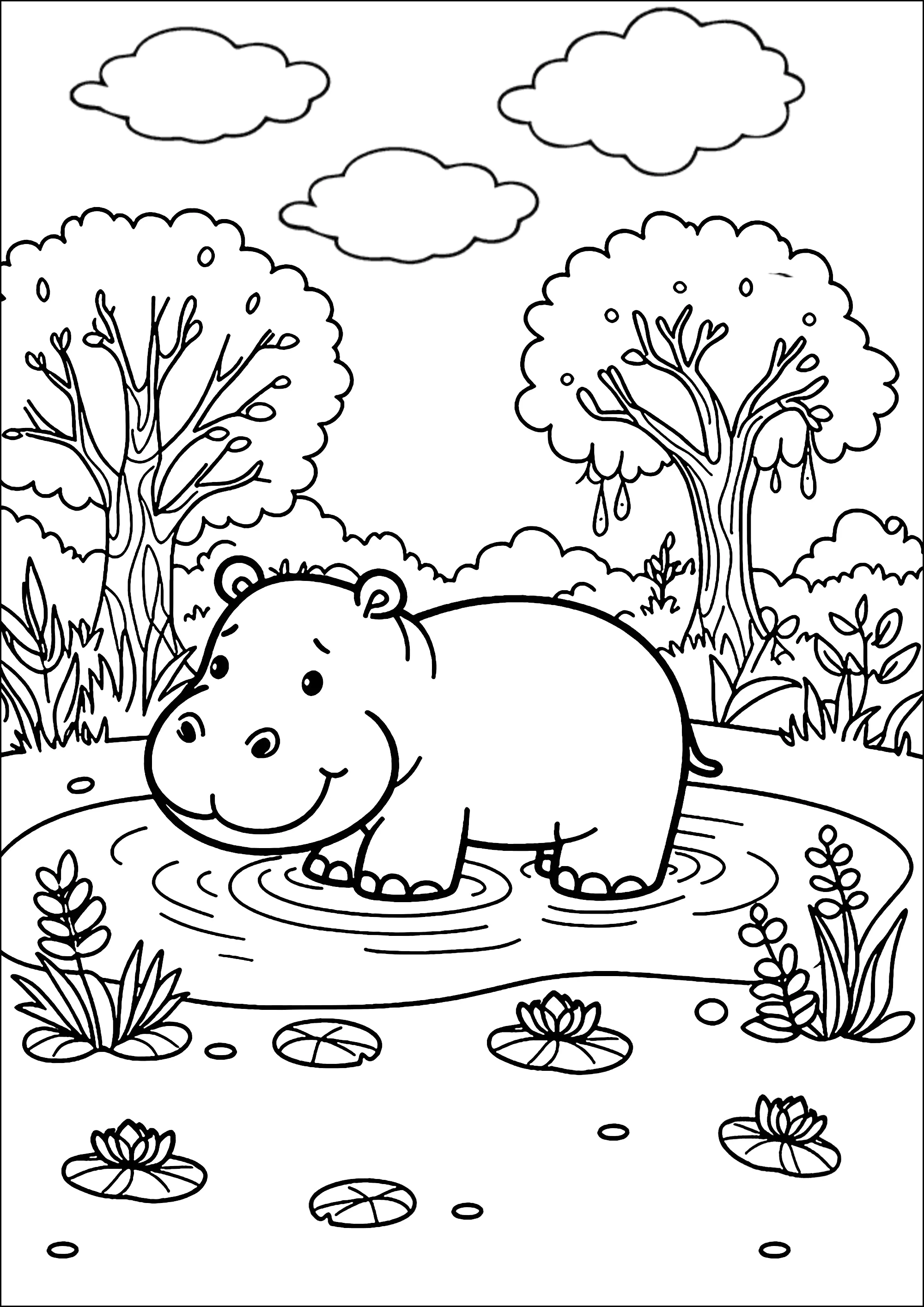 Kleines Hippopotamus in schöner Landschaft (Ausmalbild zum Ausdrucken und Ausmalen für Kinder)