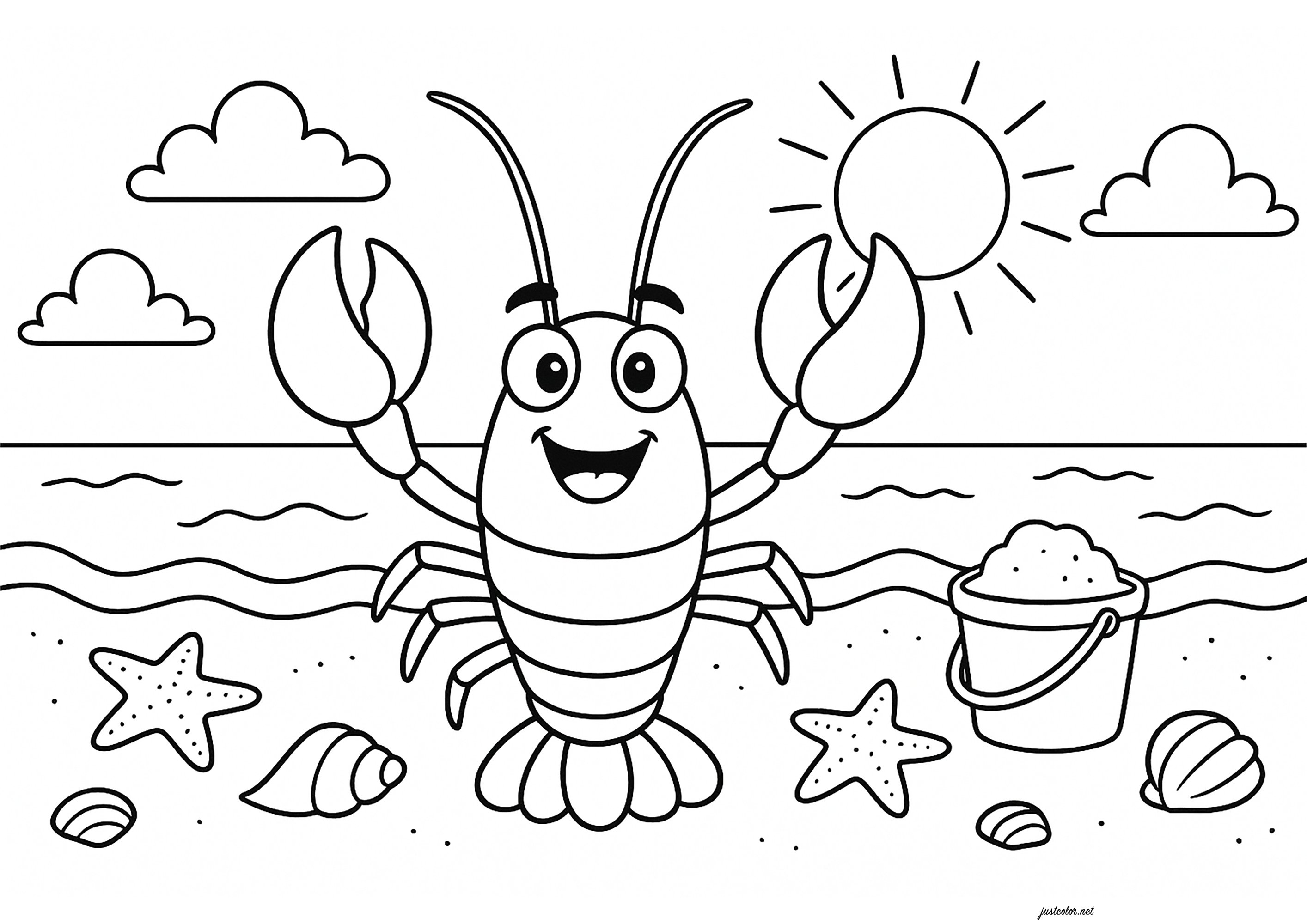 Schöner Hummer am Strand (Ausmalbild zum Ausdrucken und Ausmalen für Kinder)