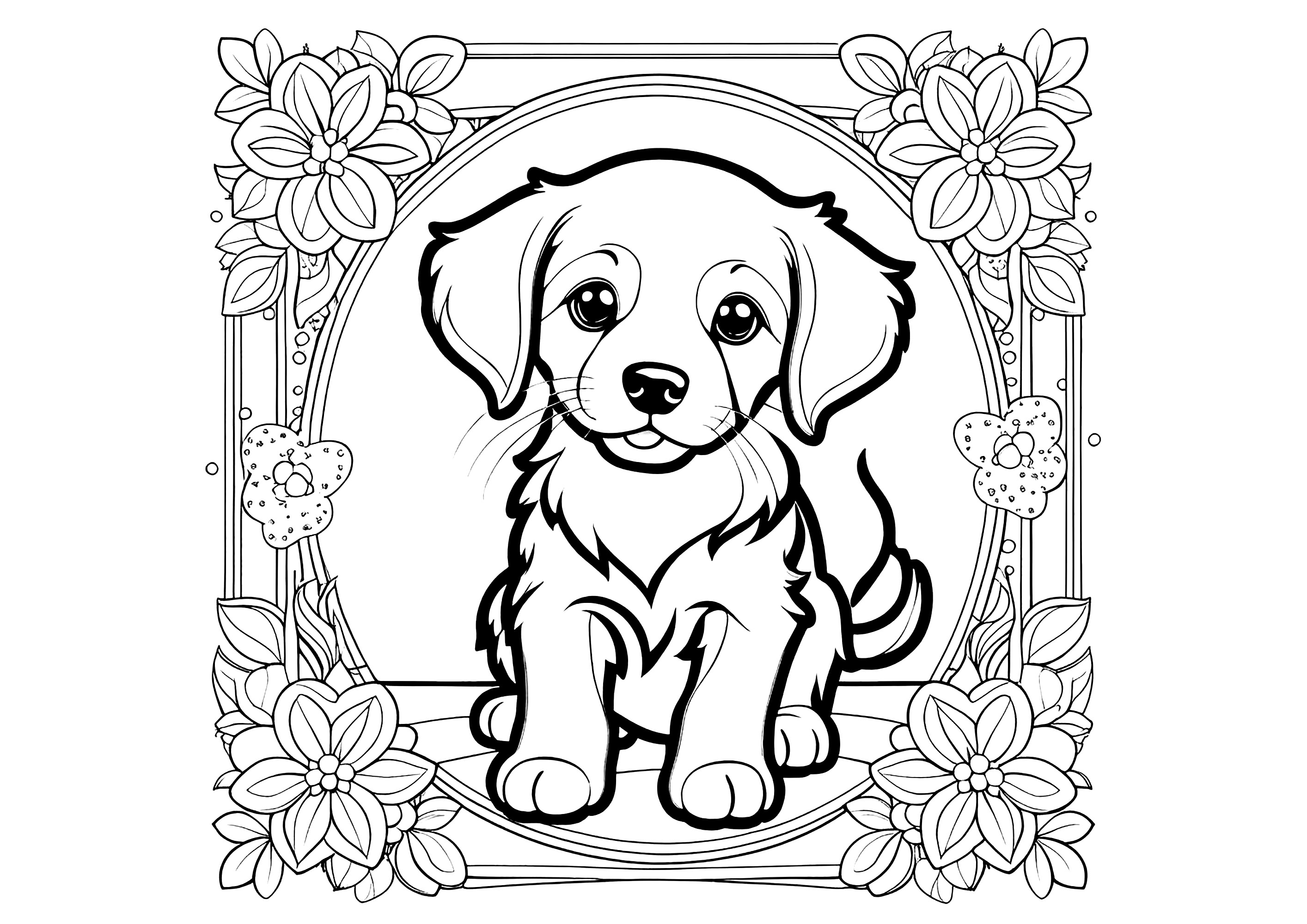 Junger Welpe in einem eleganten und blumigen Rahmen. (Ausmalbild von Hunde zum Ausdrucken und Ausmalen für Kinder)