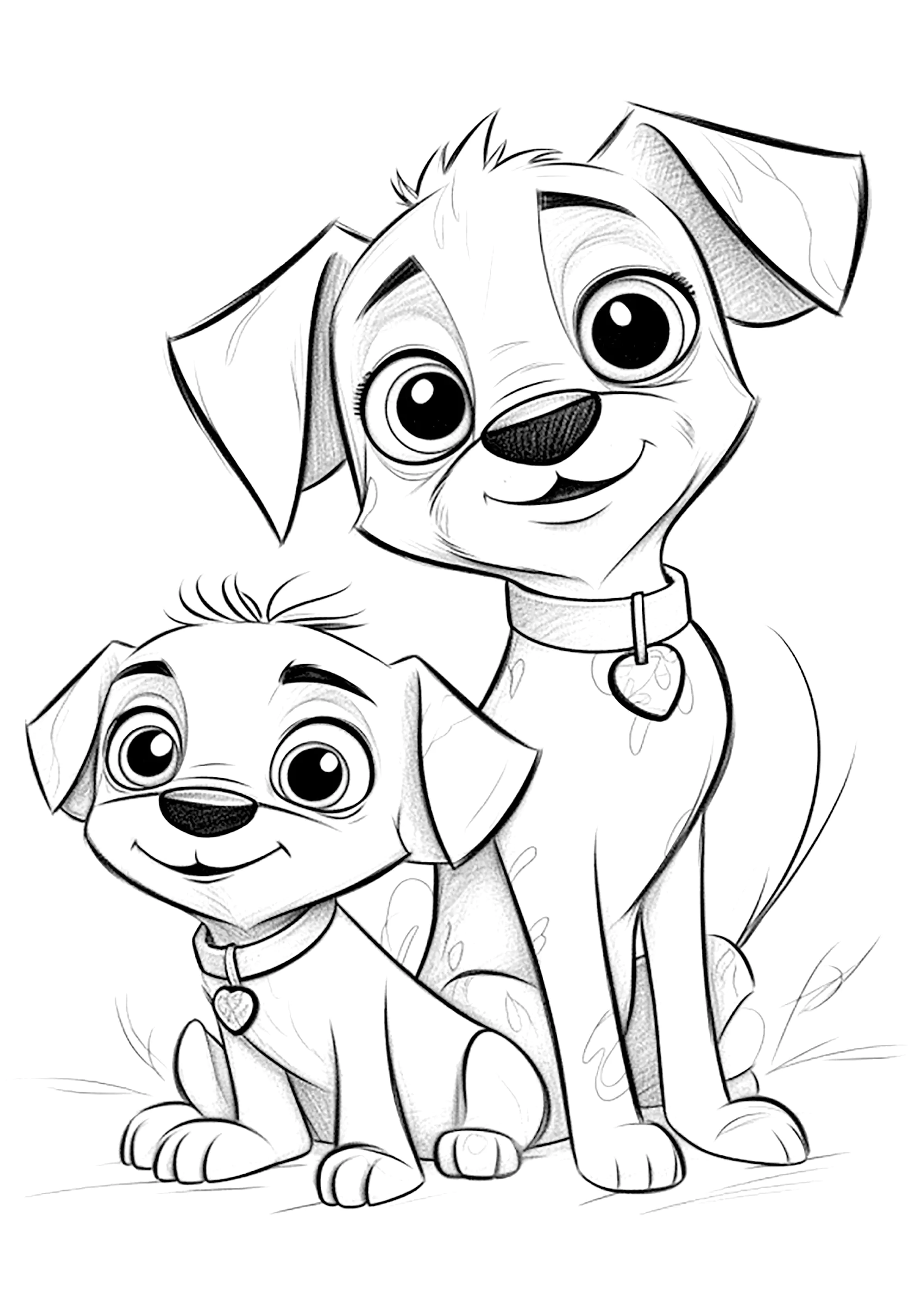 Zwei lächelnde Hunde (im Disney-Pixar-Stil) (Ausmalbild zum Ausdrucken und Ausmalen für Kinder)