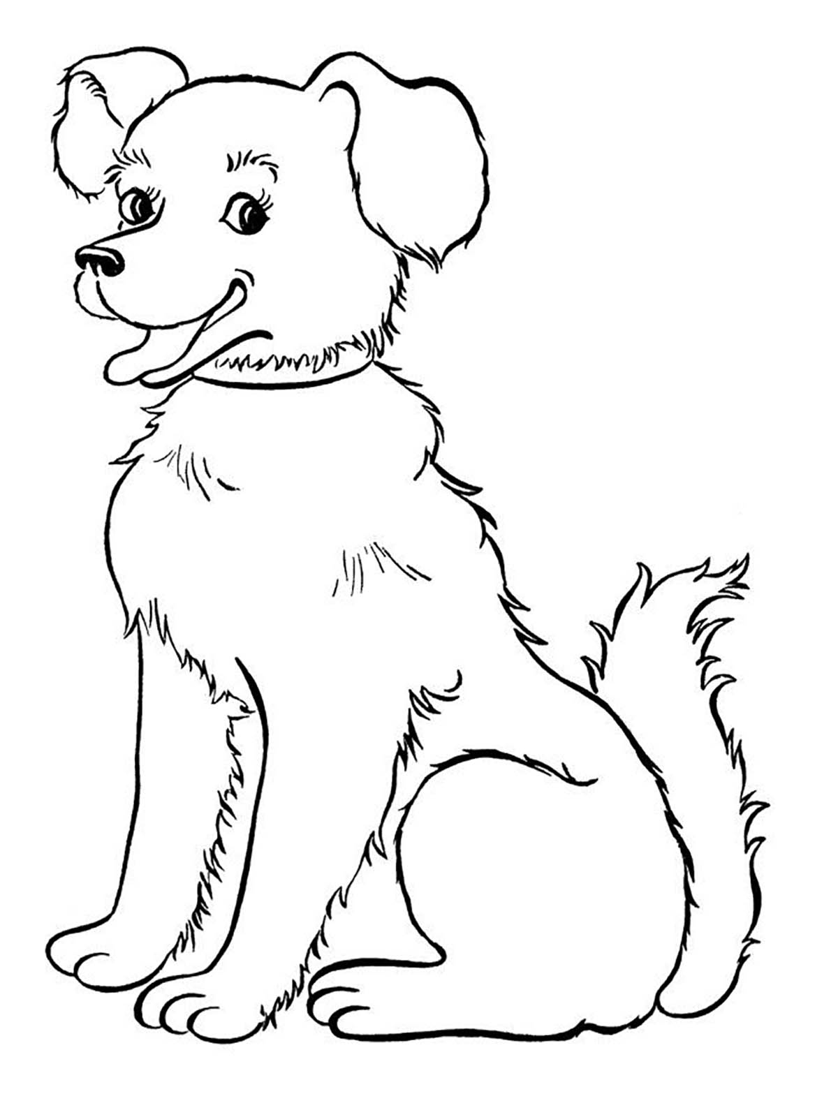 Der Hund sitzt. (Ausmalbild von Hunde zum Ausdrucken und Ausmalen für Kinder)
