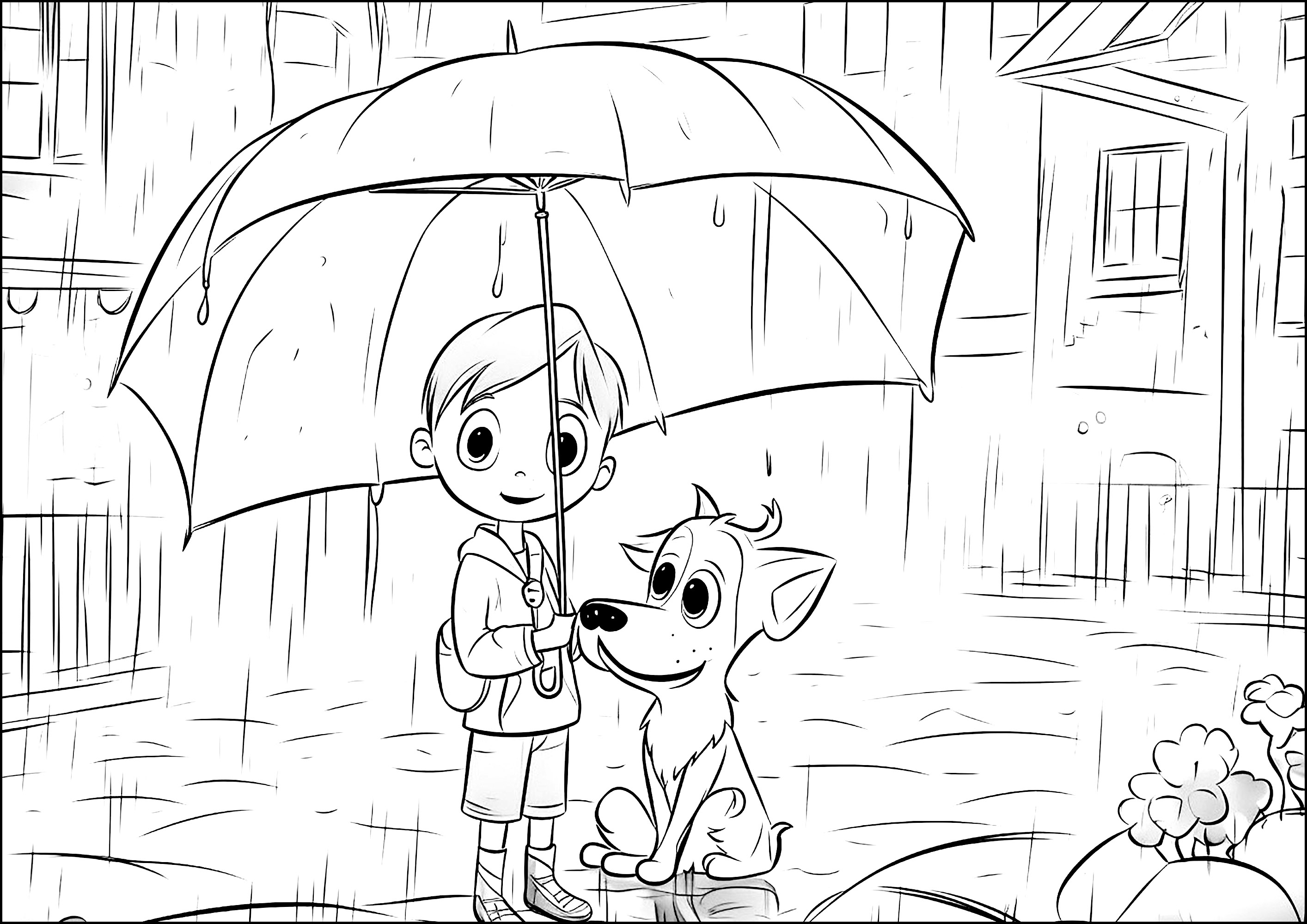 Kind und Hund unter dem Regen, mit einem großen Regenschirm. (Ausmalbild von Hunde zum Ausdrucken und Ausmalen für Kinder)