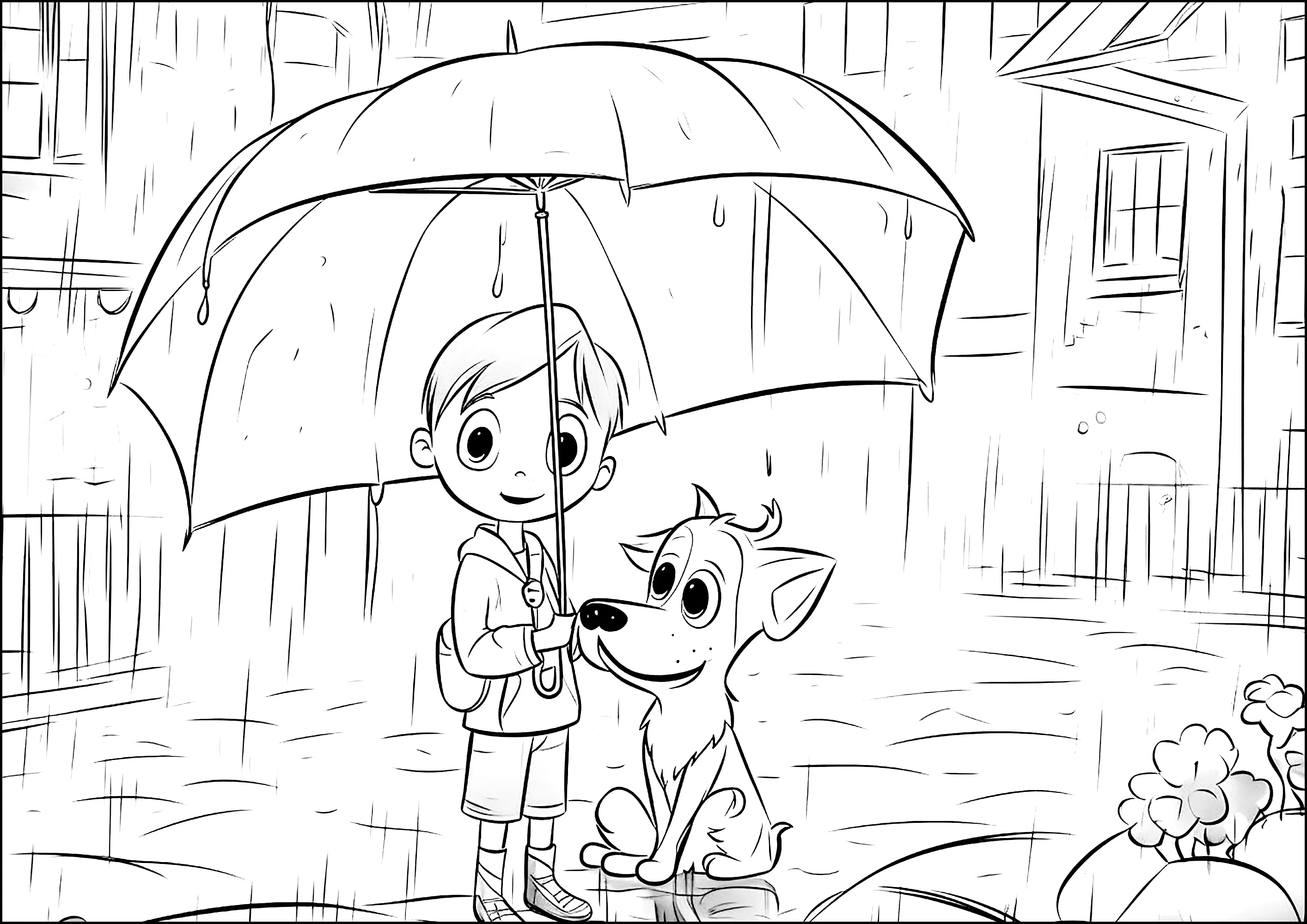 Kind und Hund unter dem Regen, mit einem großen Regenschirm. (Ausmalbild von Hunde zum Ausdrucken und Ausmalen für Kinder)