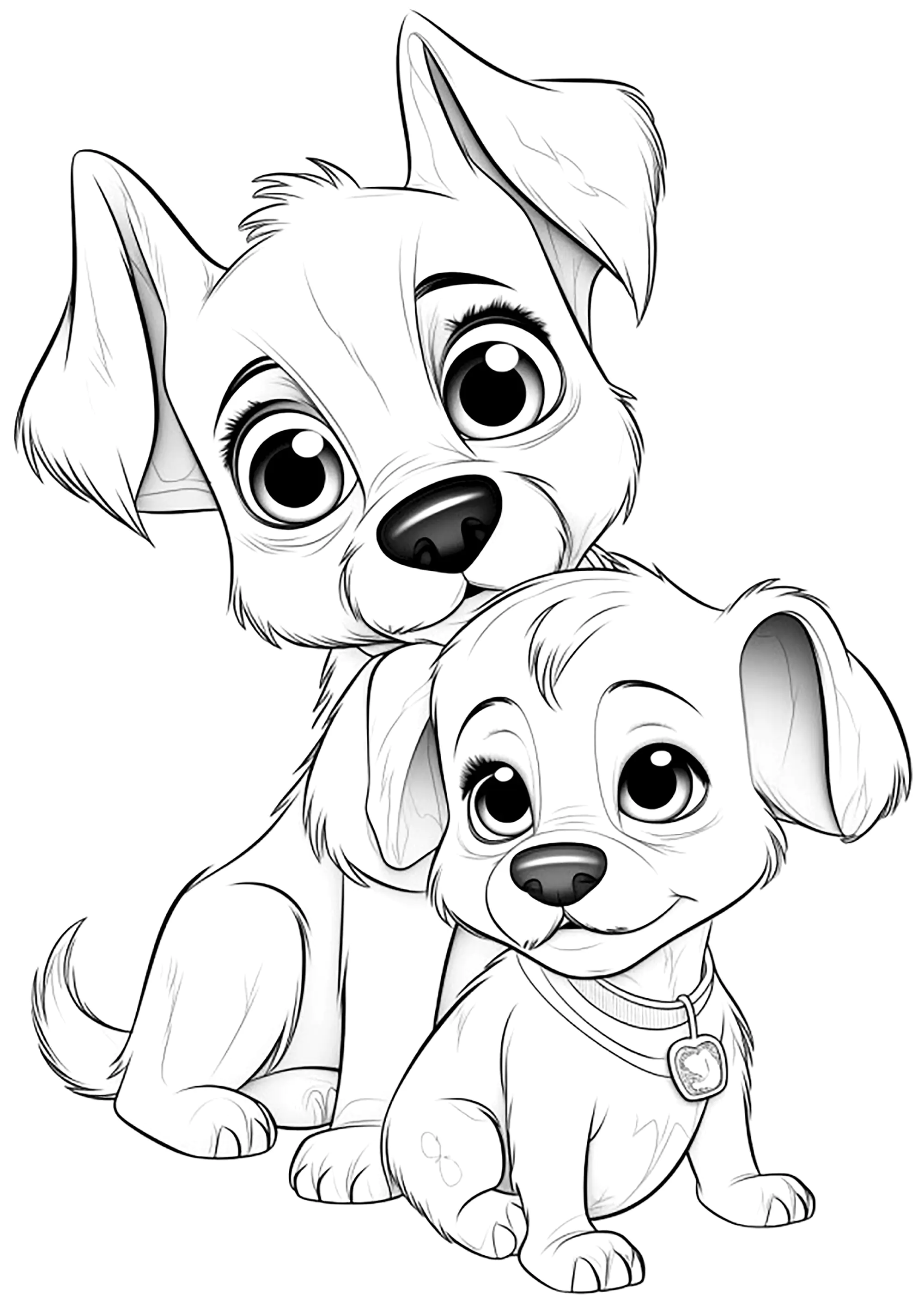 Zwei Hunde, gezeichnet im Disney-Pixar Stil. (Ausmalbild zum Ausdrucken und Ausmalen für Kinder)