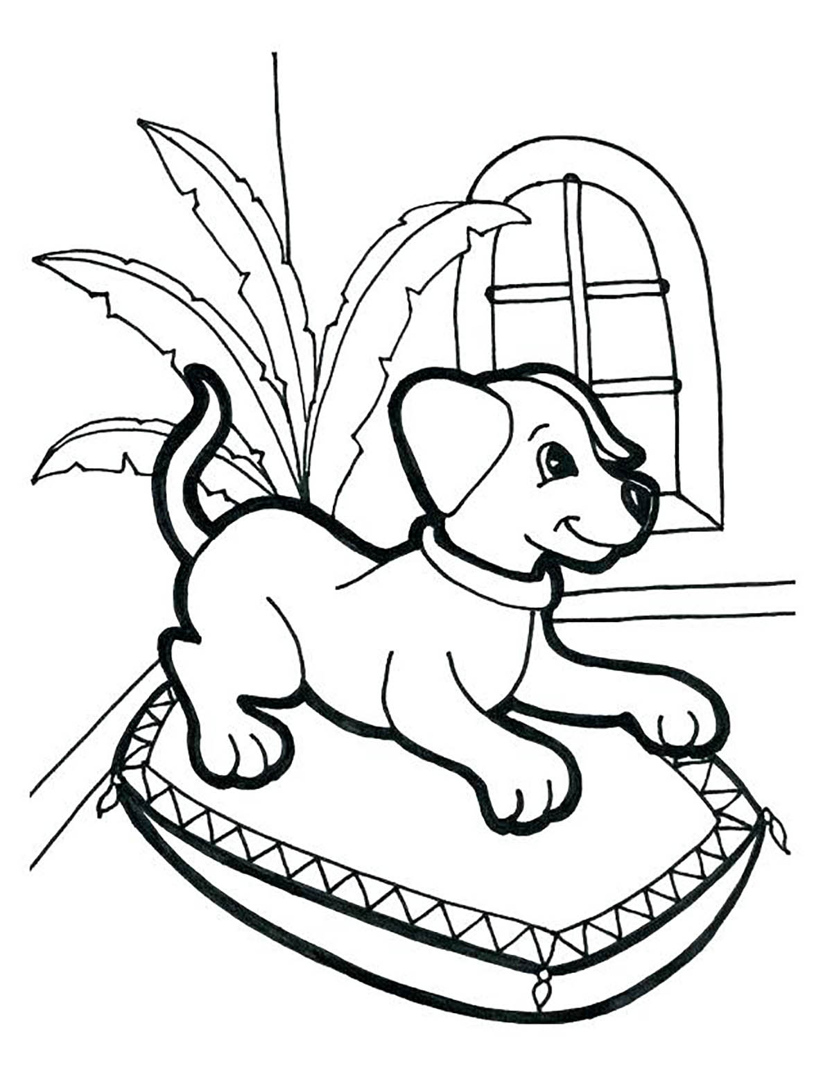 Hund im Korb (Ausmalbild von Hunde zum Ausdrucken und Ausmalen für Kinder)