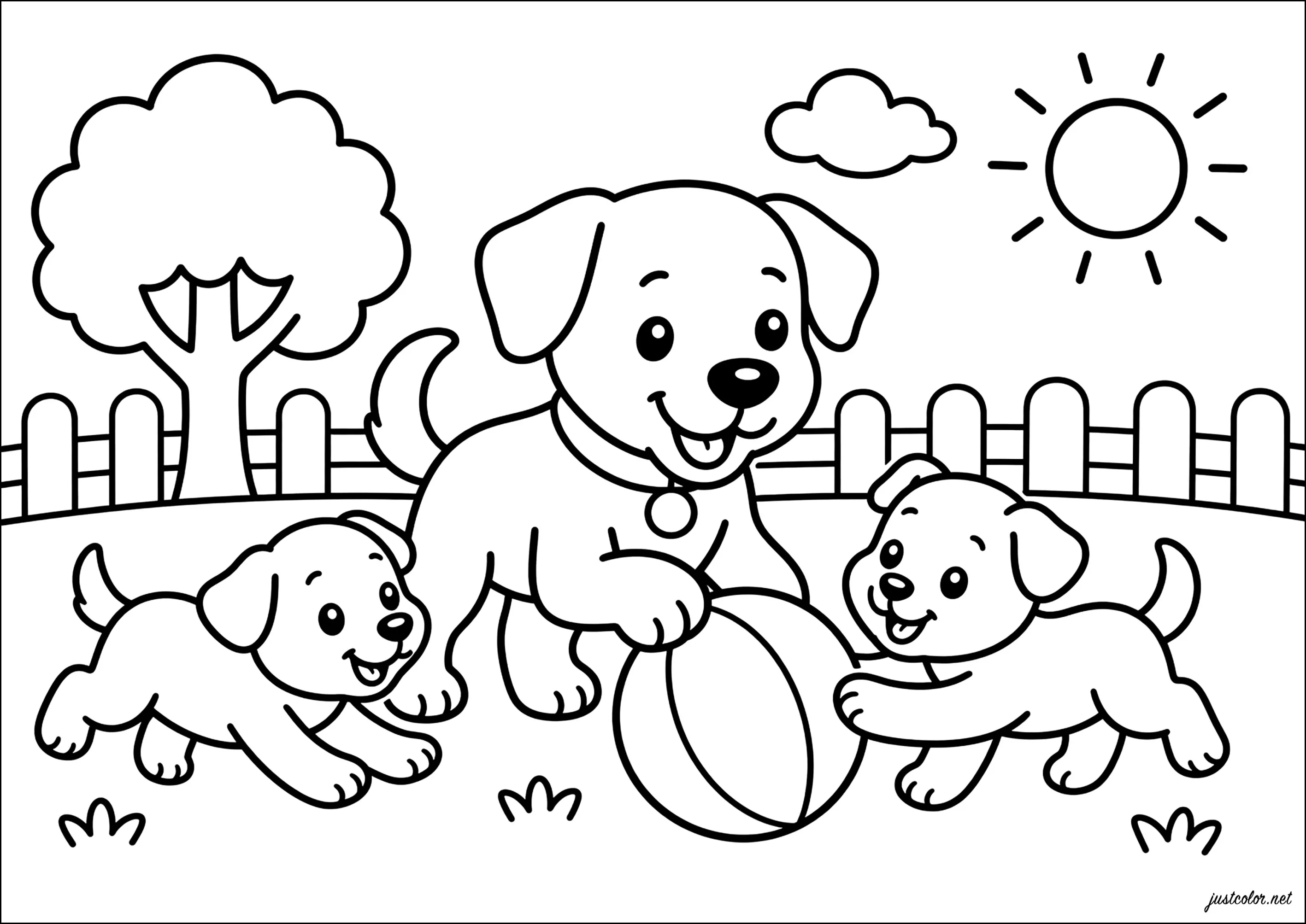 Fröhliches Spiel von Welpen im Freien (Ausmalbild von Hunde zum Ausdrucken und Ausmalen für Kinder)