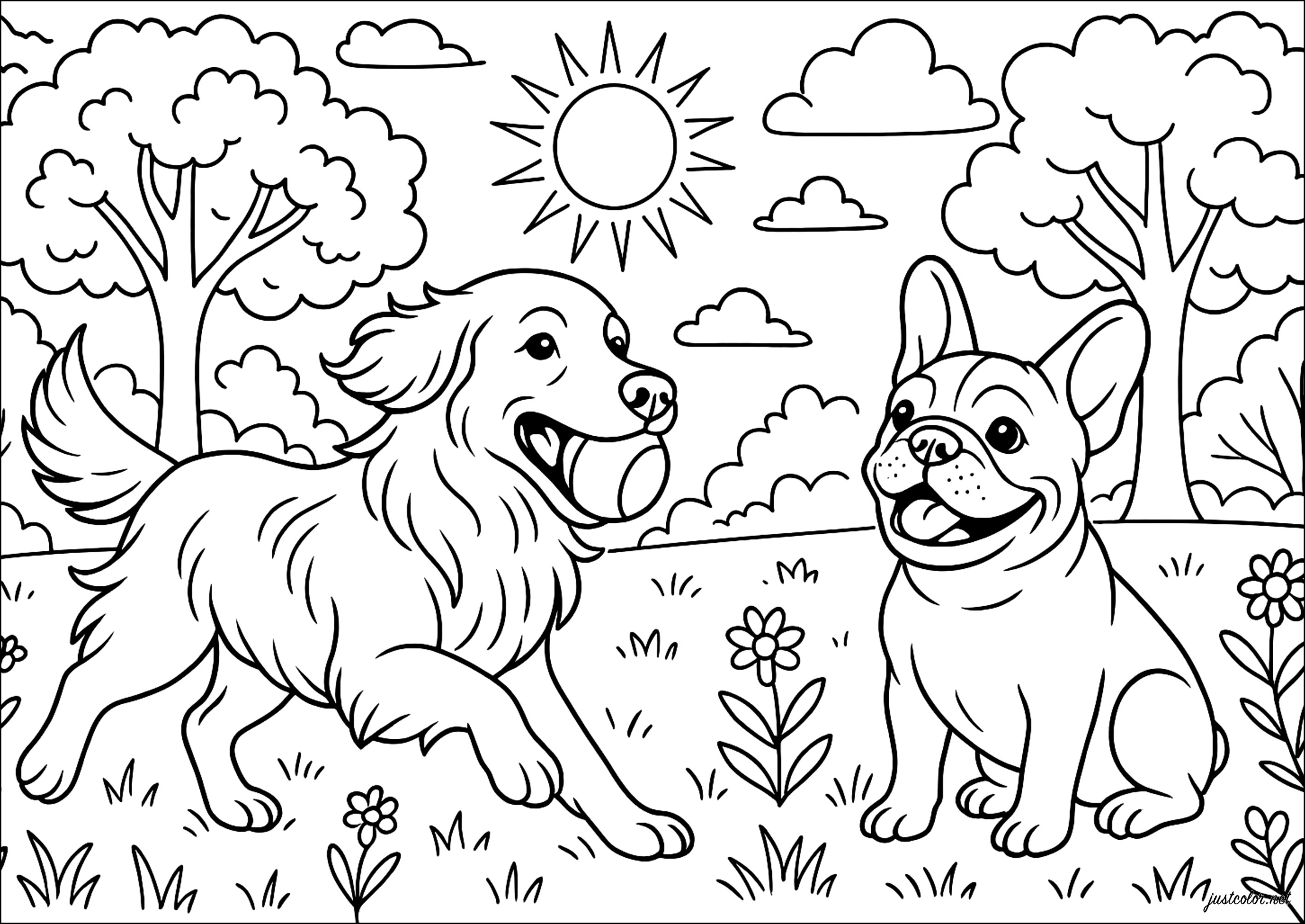 Duo Canin im Park (Ausmalbild von Hunde zum Ausdrucken und Ausmalen für Kinder)