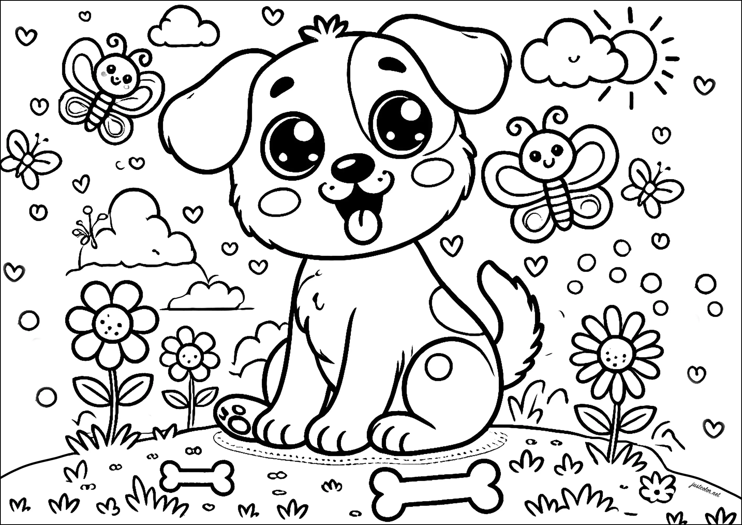 Junger Hund mit einem Schmetterling und Knochen (Ausmalbild von Hunde zum Ausdrucken und Ausmalen für Kinder)
