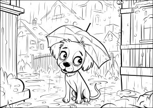 Ein Hund unter dem Regenschirm im Regen. (Ausmalbild von Hunde)