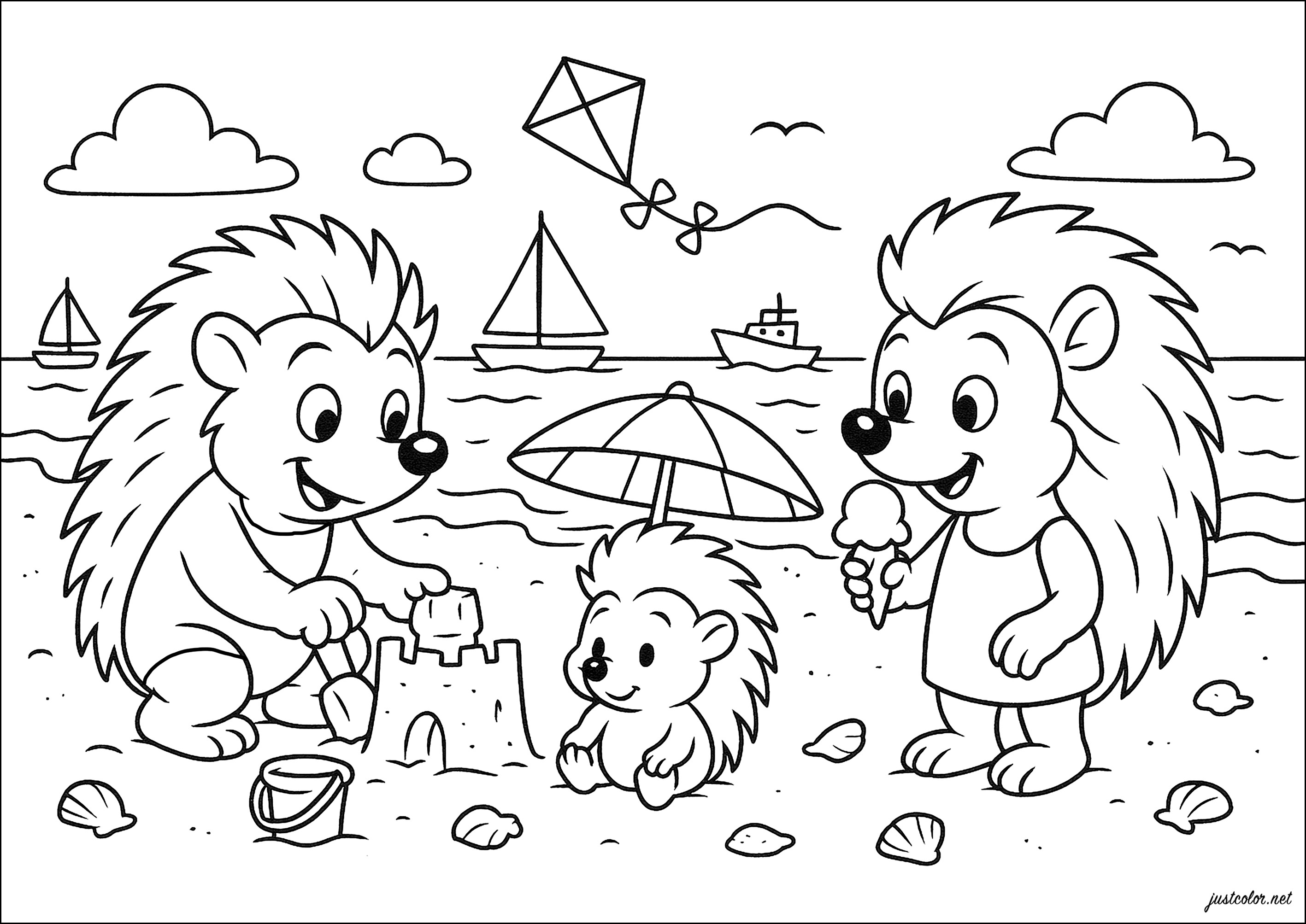 Familie Igel am Strand (Ausmalbild zum Ausdrucken und Ausmalen für Kinder)