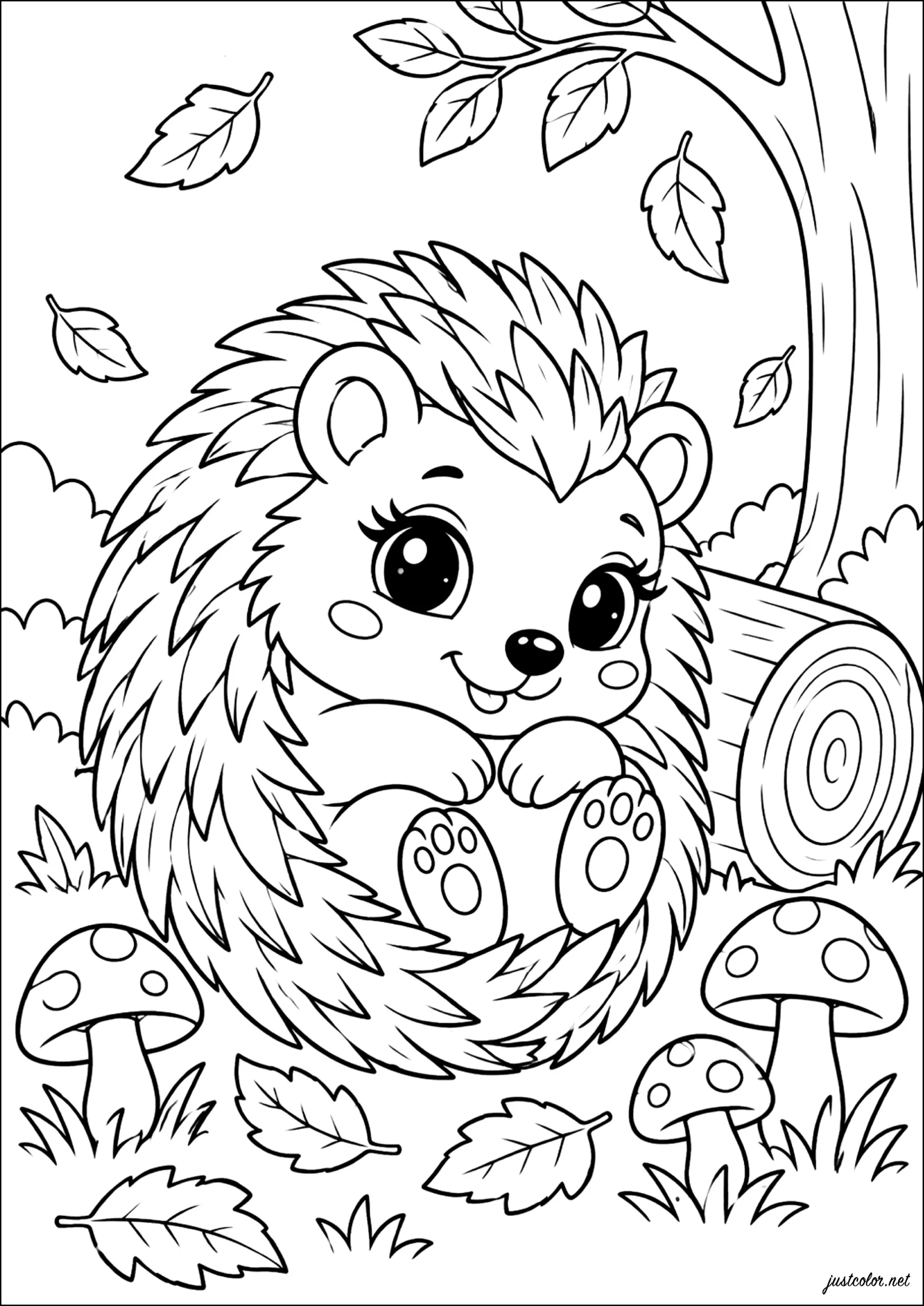 Igel saß neben einem Baumstamm (Ausmalbild zum Ausdrucken und Ausmalen für Kinder)