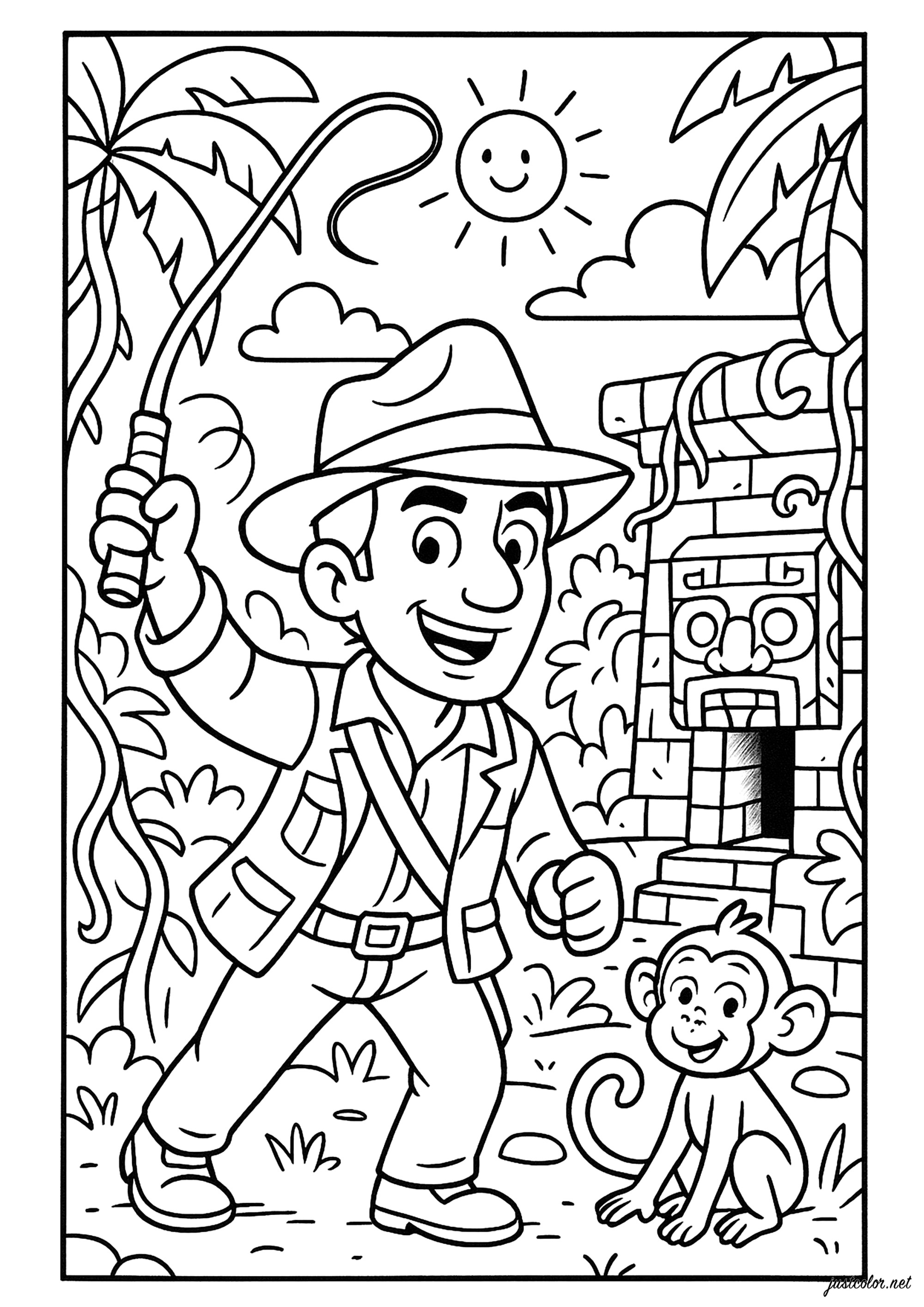 Abenteuer im Dschungel mit alten Ruinen (Ausmalbild von Indiana Jones zum Ausdrucken und Ausmalen für Kinder)