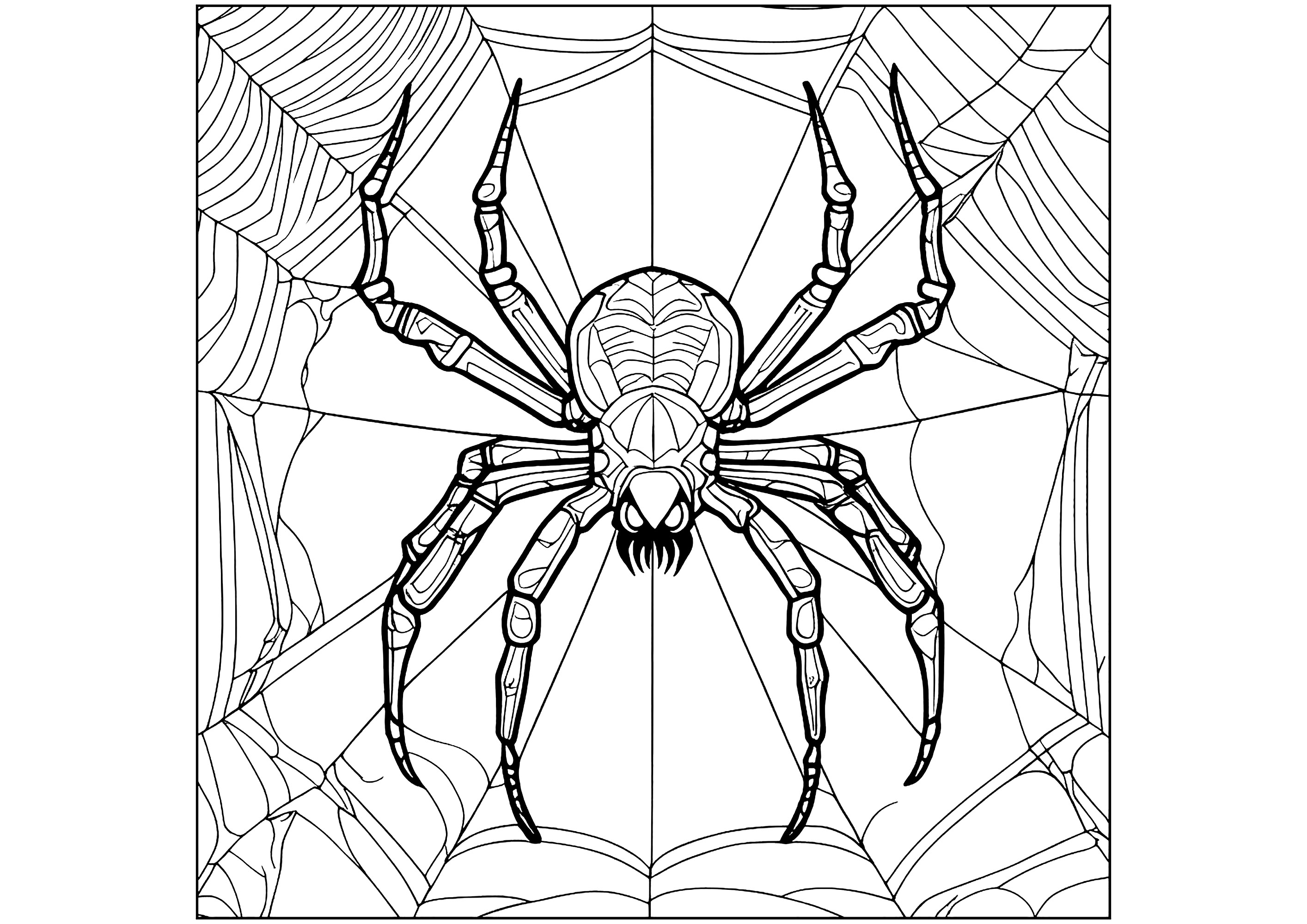 Schöne Spinne in ihrem Netz (Ausmalbild von Insekten zum Ausdrucken und Ausmalen für Kinder)