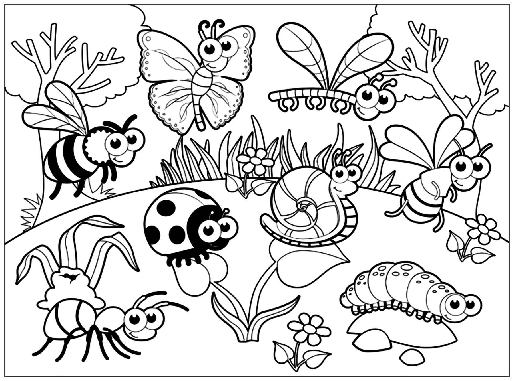 Treffen (Ausmalbild von Insekten zum Ausdrucken und Ausmalen für Kinder)