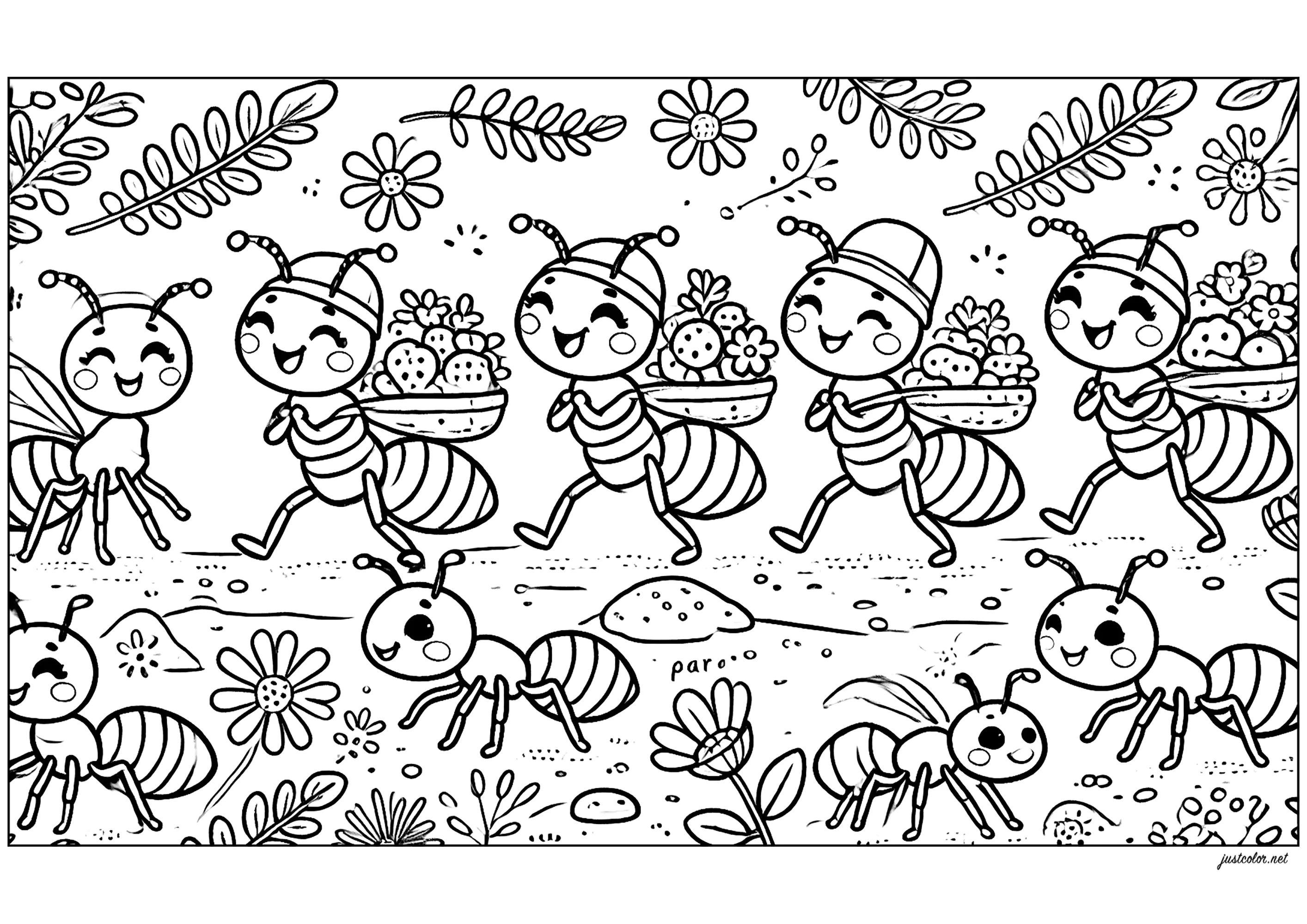 Die Parade der Ameisen (Ausmalbild von Insekten zum Ausdrucken und Ausmalen für Kinder)
