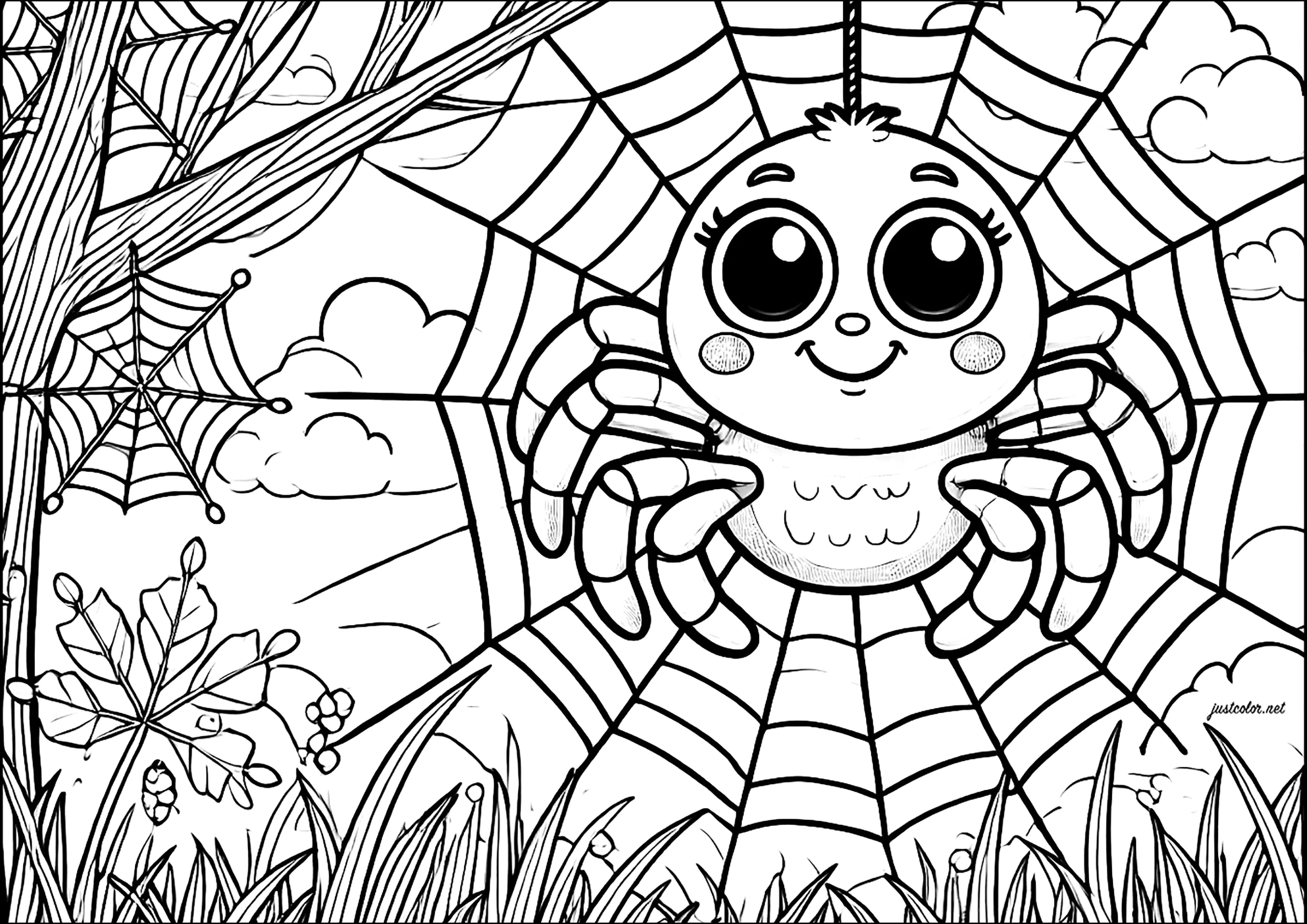 Kleine lächelnde Spinne in ihrem Netz (Ausmalbild von Insekten zum Ausdrucken und Ausmalen für Kinder)